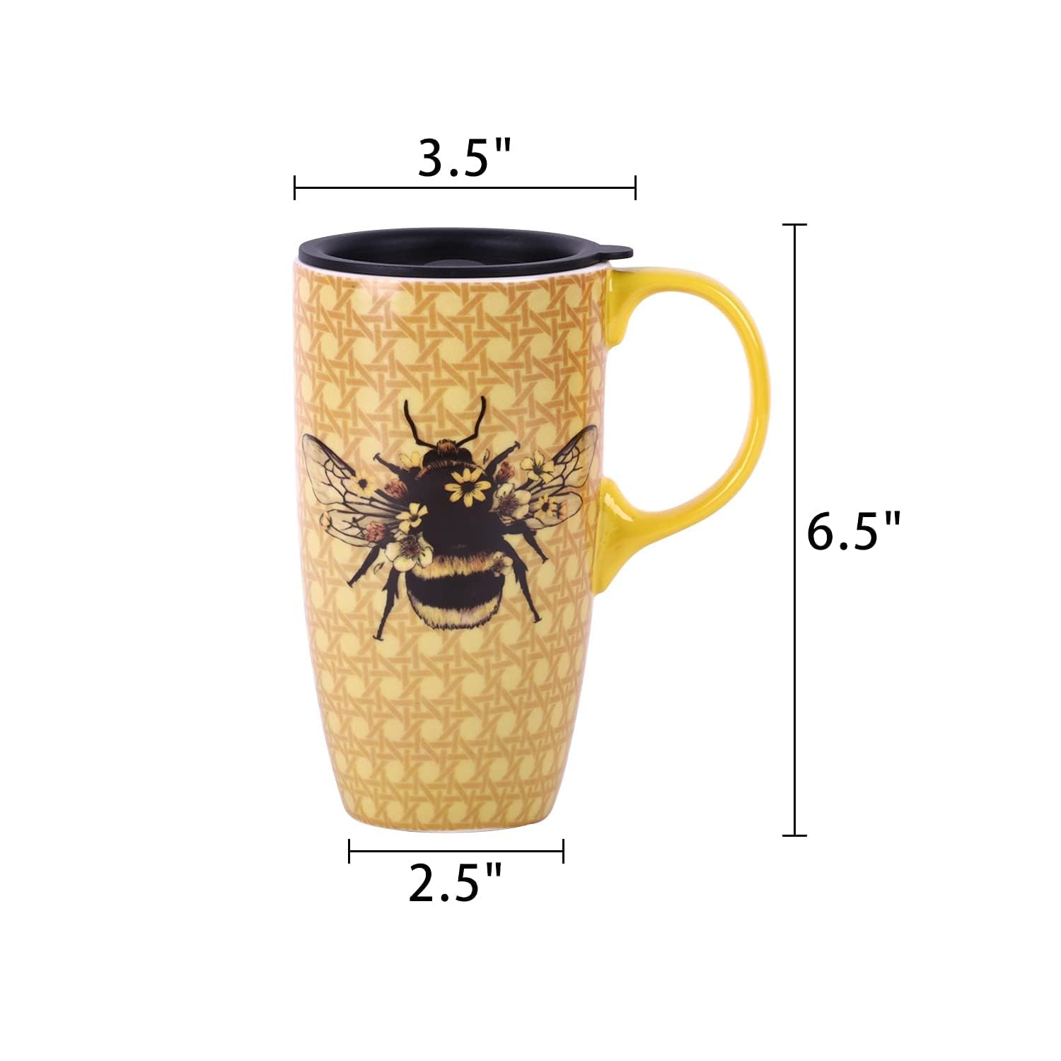 DUSVALLY 17oz Reusable Ceramic Travel Mug with Lid & Handle - Microwave & Dishwasher Safe Coffee Cup for Office, Camping, Car - Bee Art Design Tea Tumbler Gift for Coffee Lovers