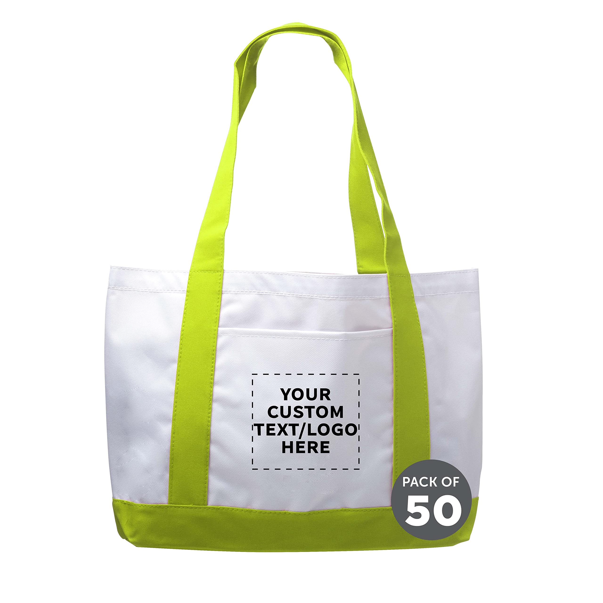 50 Pack Customizable Canvas Tote Bags with Reinforced Straps & Front Pocket - Bulk Eco-Friendly Shoulder Bags for Promotions, Events & Retail - Green Polyester Fashion Totes for Shopping, Trade Shows & Corporate Gifts