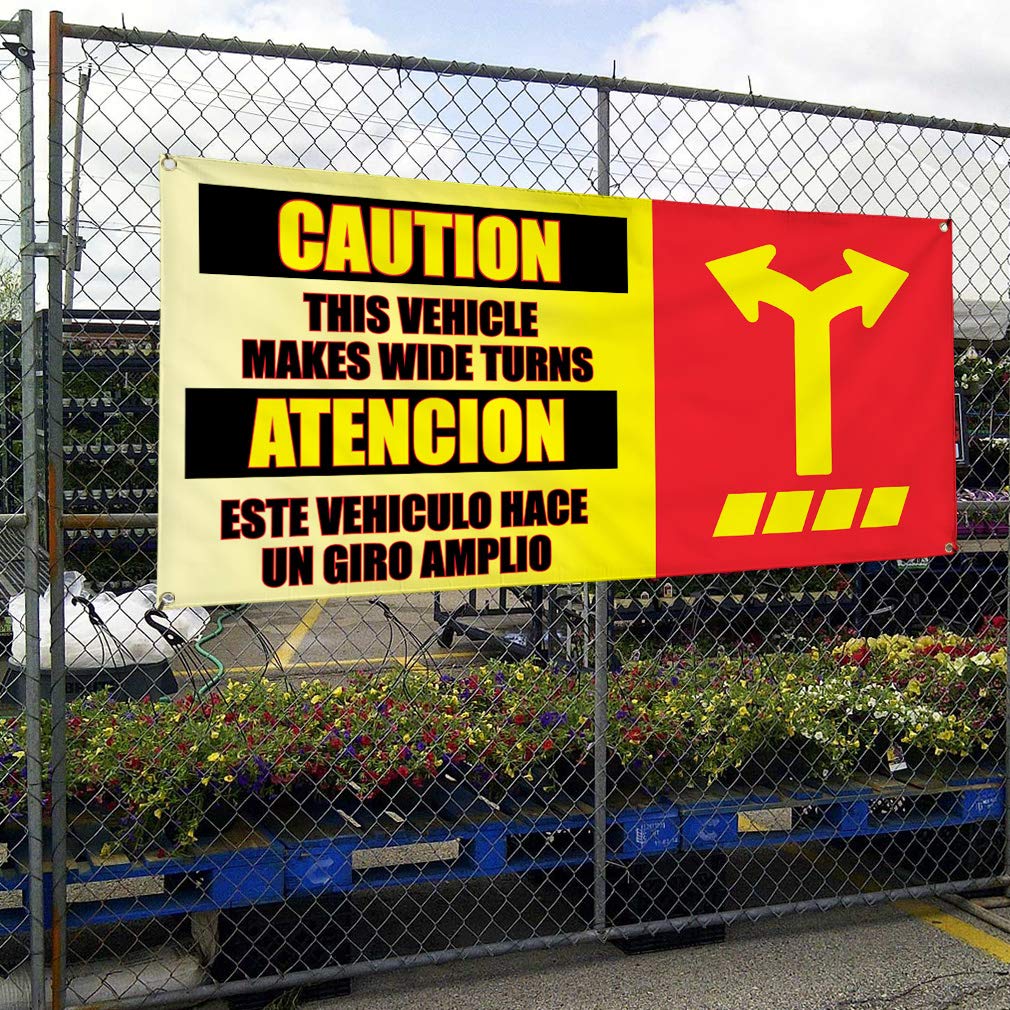 Vinyl Banner Multiple Sizes - Caution Wide Turns (Giros Amplios) - Weatherproof Outdoor Industrial Yard Signs with 8 Grommets (48x96 Inches) - Perfect for Construction Sites, Warehouses & Road Safety Warnings