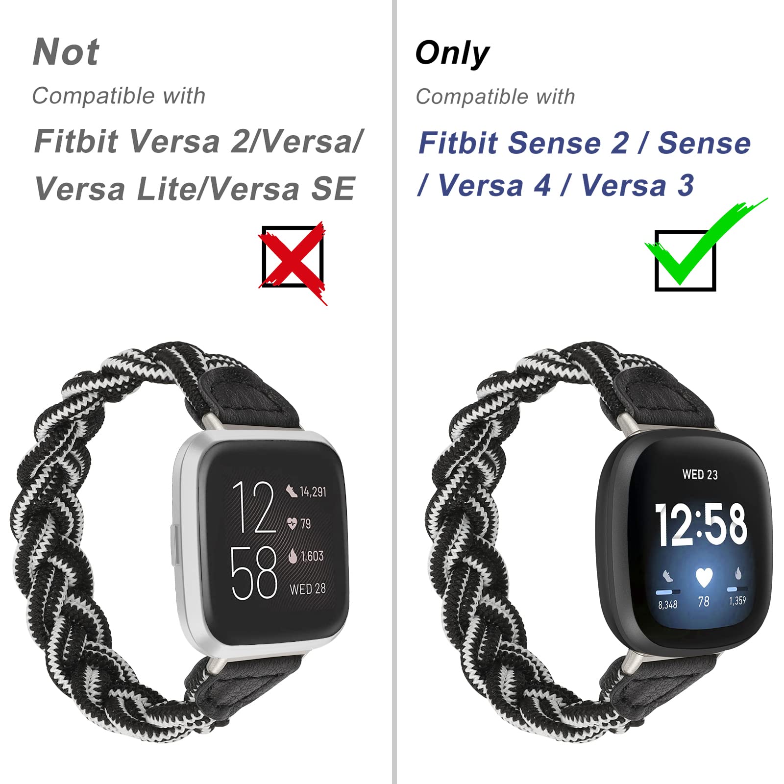 Premium Elastic Braided Solo Loop Band for Fitbit Sense/Sense 2/Versa 3/Versa 4 - Slim Stretchy Woven Wristband Accessory for Women (Black & White) | Perfect for Workouts, Running & Everyday Wear