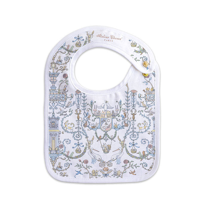 Atelier Choux x Caitlin Wilson Blue Toile de Jouy Baby Bib - Soft Organic Cotton Drool Bib for Newborns & Infants - Perfect for Feeding, Teething, and Everyday Use