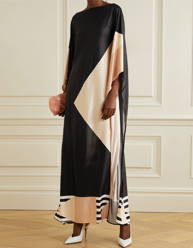 Luxury Black & Beige Satin Silk Kaftan Dress - Elegant Loungewear for Women | Perfect for Home Relaxation, Beach Cover-Up & Special Occasions
