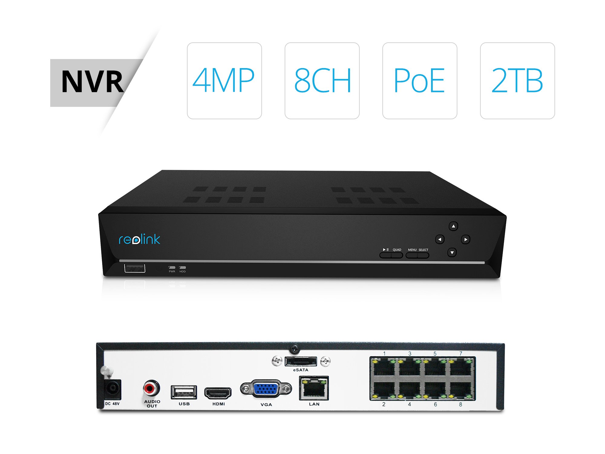 REOLINK 8CH PoE NVR for Home Security - Compatible with 16MP/12MP/4K/8MP/5MP/4MP IP Cameras | 24/7 Recording with Pre-Installed 2TB HDD | RLN8-410 | Ideal for Home Surveillance & Business Security Systems