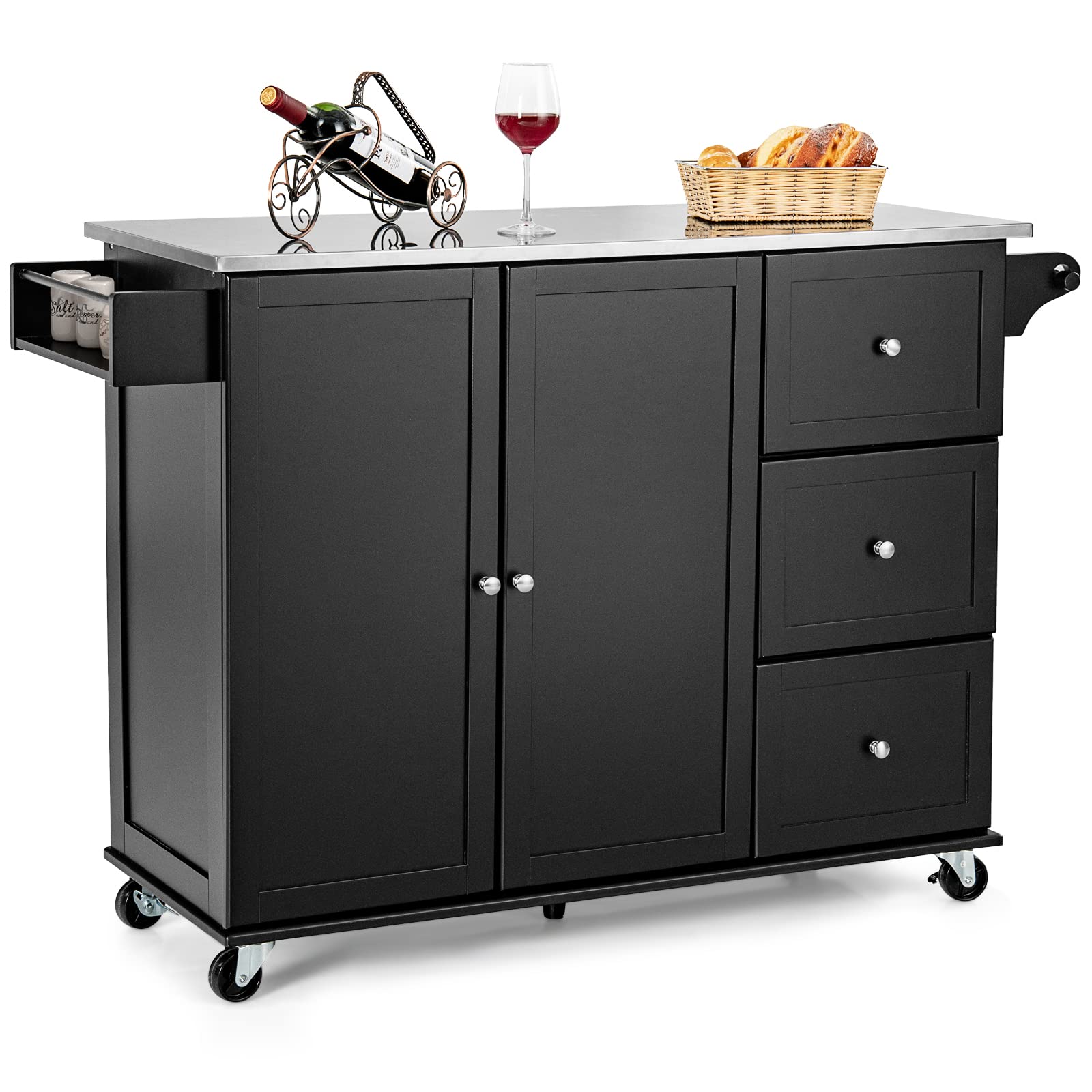 Giantex Kitchen Island with Stainless Steel Countertop - Mobile Kitchen Cart with 3 Drawers, Adjustable Shelves, 2-Door Cabinet & Spice Rack - Perfect for Small Kitchens, Food Prep & Extra Storage Space