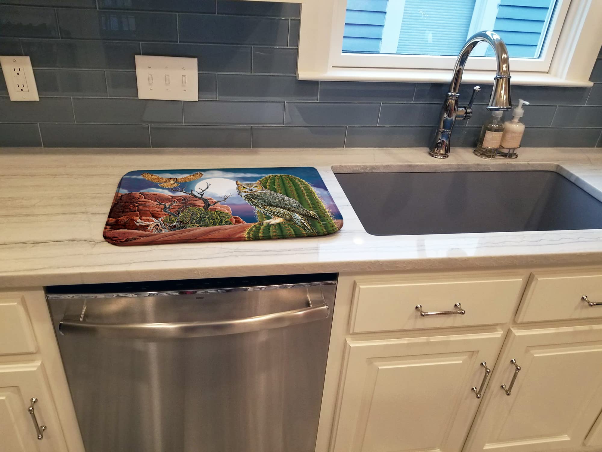 Great Horned Owl Dish Drying Mat - Absorbent Kitchen Counter Mat for Dishes, 14x21