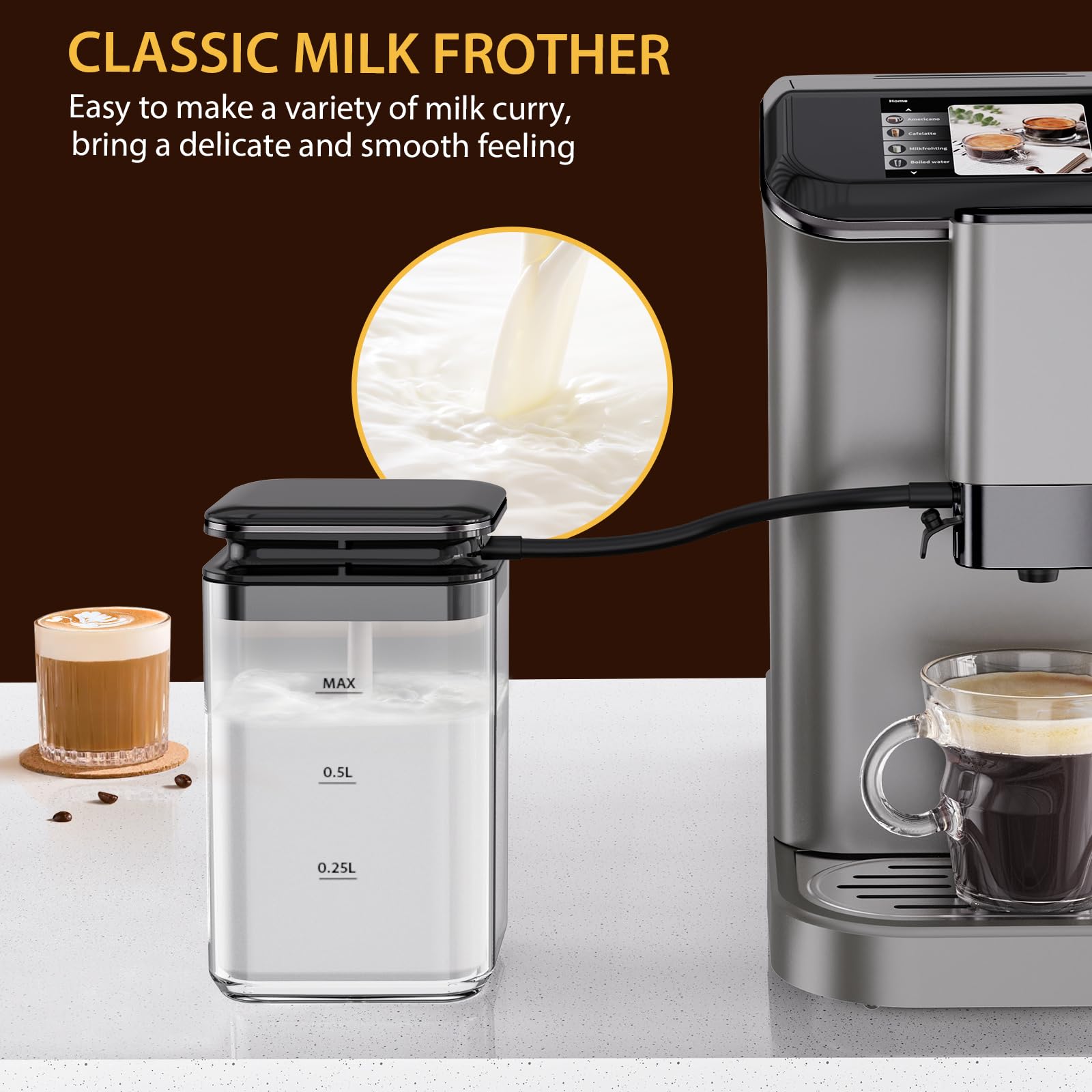 Premium 20 Bar Fully Automatic Espresso Machine with Auto-Cleaning, Milk Frother & LCD Touch Panel - Double Boiler Coffee Maker for Home & Office Use - Perfect for Cappuccino, Latte & Espresso Lovers (Gray)
