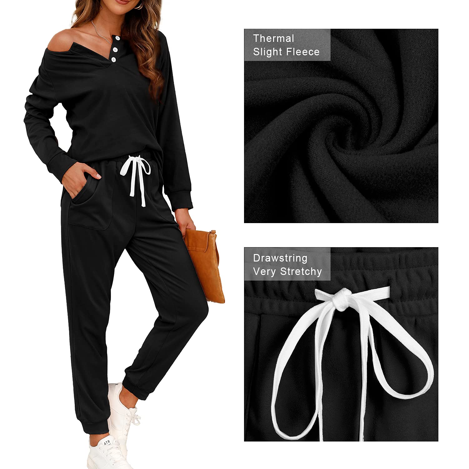 WIHOLL Women's 2-Piece Lounge Set - Button Down Sweatshirt & Sweatpants Outfit with Pockets | Cozy Casual Wear for Home, Travel & Relaxation
