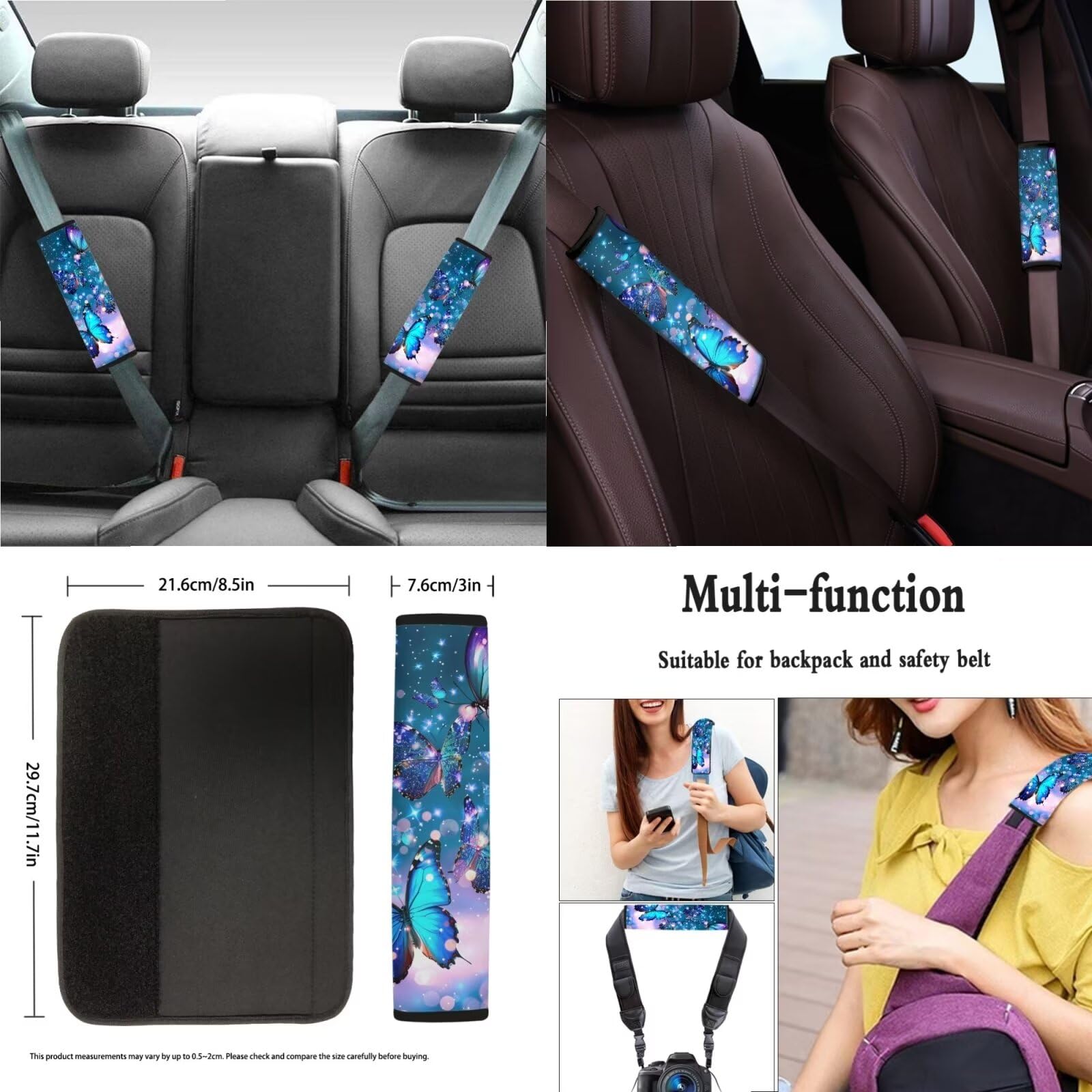Xoenoiee 11-Piece Blue Sparkling Butterfly Car Accessories Set - Front & Back Seat Covers, Steering Wheel Cover, Car Coasters, Seat Belt Pads & Keychain | Luxury Car Interior Decor for Women, Gift Idea for Car Lovers (Perfect for Sedans, SUVs & Daily Commute)