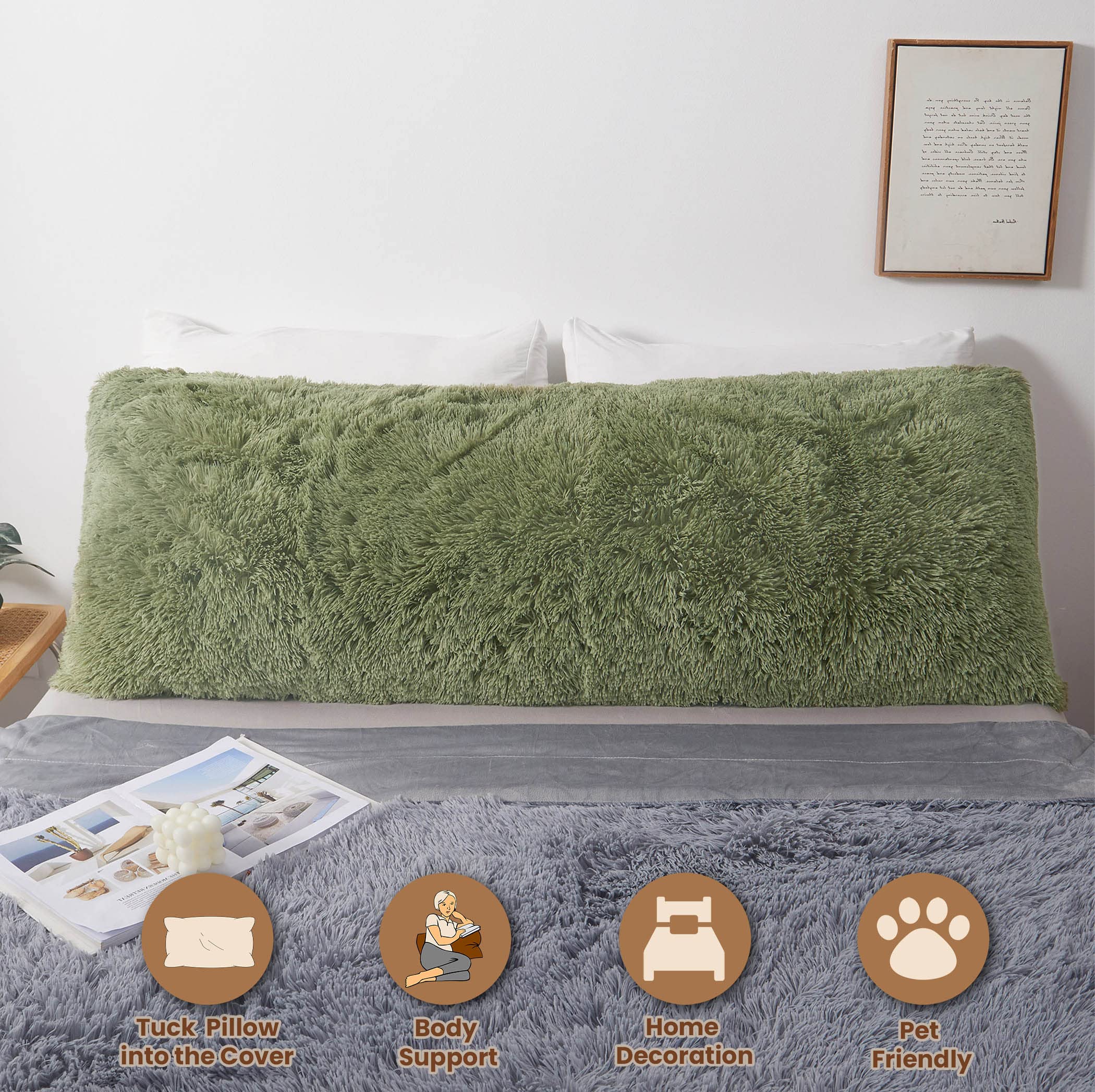 **MEGO Fluffy Body Pillow Cover 20x54 Inches - Soft Shaggy Faux Fur Pillow Case, Sage Green Plush Fuzzy Bed Pillow Cover with Zipper for Adults & Side Sleepers - Perfect for Lounging, Reading & Relaxing in Bed**