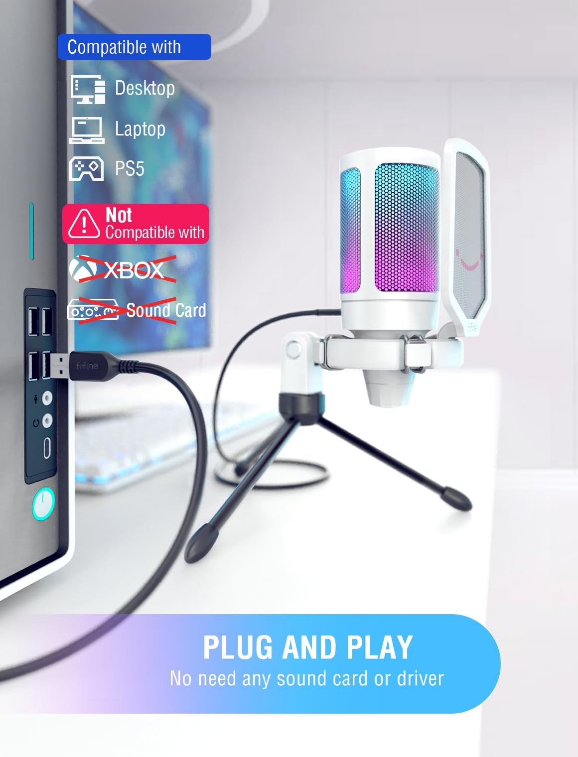 FIFINE AmpliGame USB Microphone for PC Gaming & Streaming - Professional Condenser Mic with RGB Lighting, Mute Button, Gain Control & Tripod Stand - Perfect for Online Games, Podcasts, YouTube Videos & Voice Recording (A6V White)