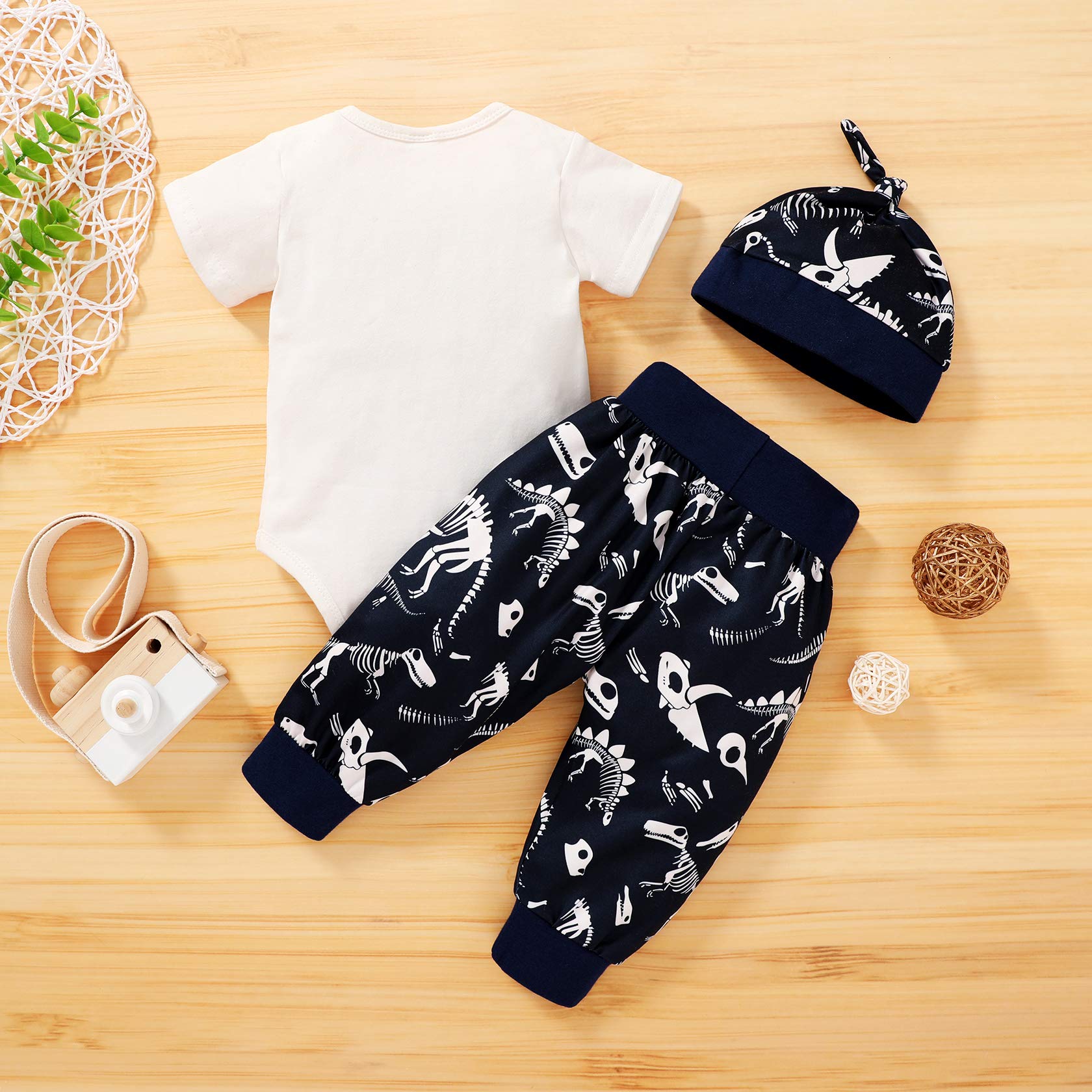 Happy Town 3-Piece Baby Boy Clothes Set - Soft Cotton Newborn Bodysuit, Short Sleeve Romper & Pants with Matching Hat (Blue Dinosaur Print, 0-3 Months) - Perfect for Summer Outings, Photo Shoots & Daily Wear