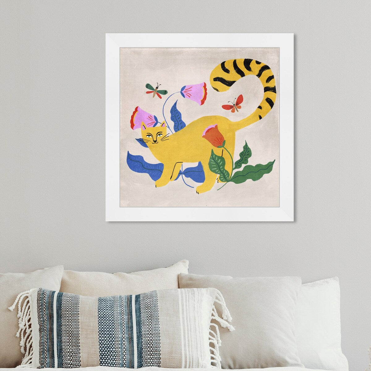Blonde Tabby Floral Kitten Butterfly Garden Modern Yellow Framed Wall Art Print - Perfect for Bedroom, Nursery, Living Room & Home Decor