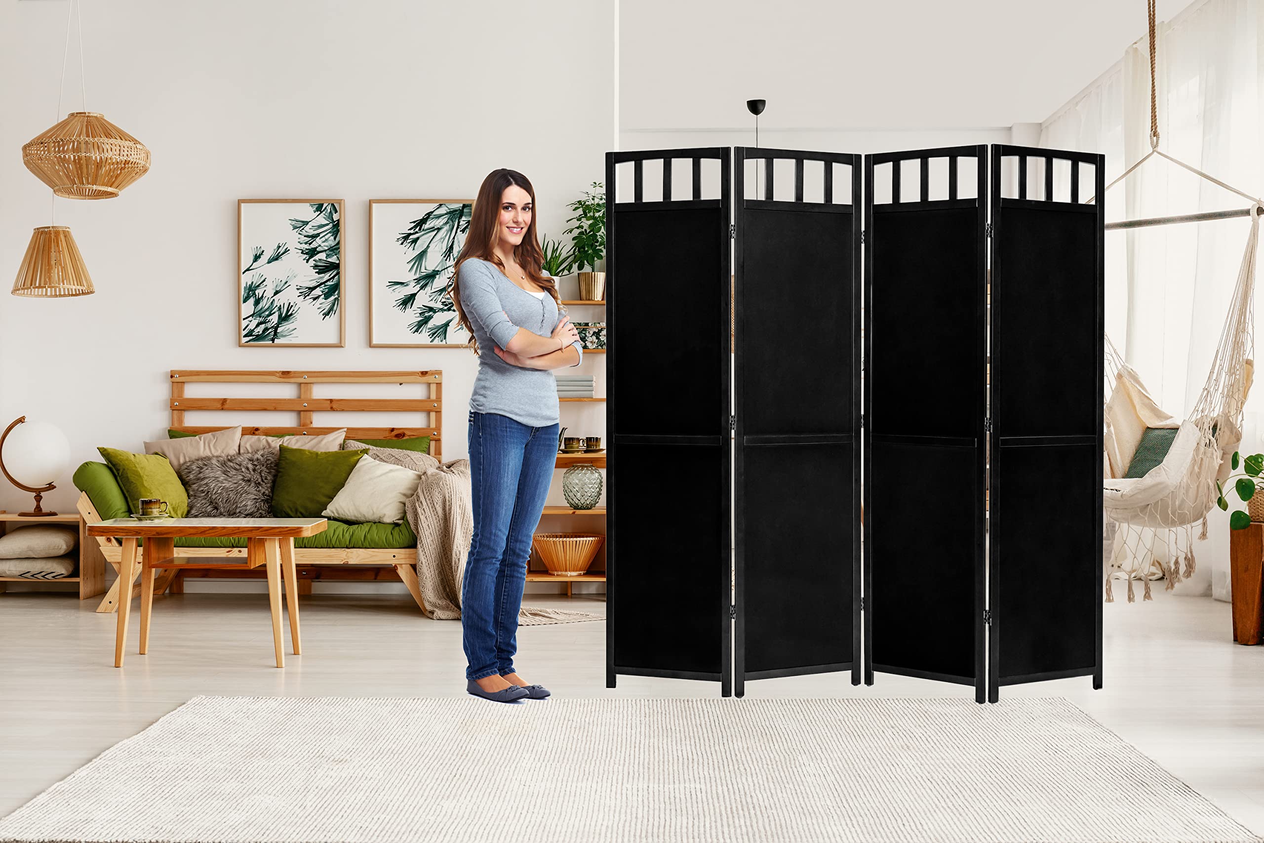 Black Wooden Privacy Screen - 4 Panels Room Divider 5.6' Tall for Home & Office