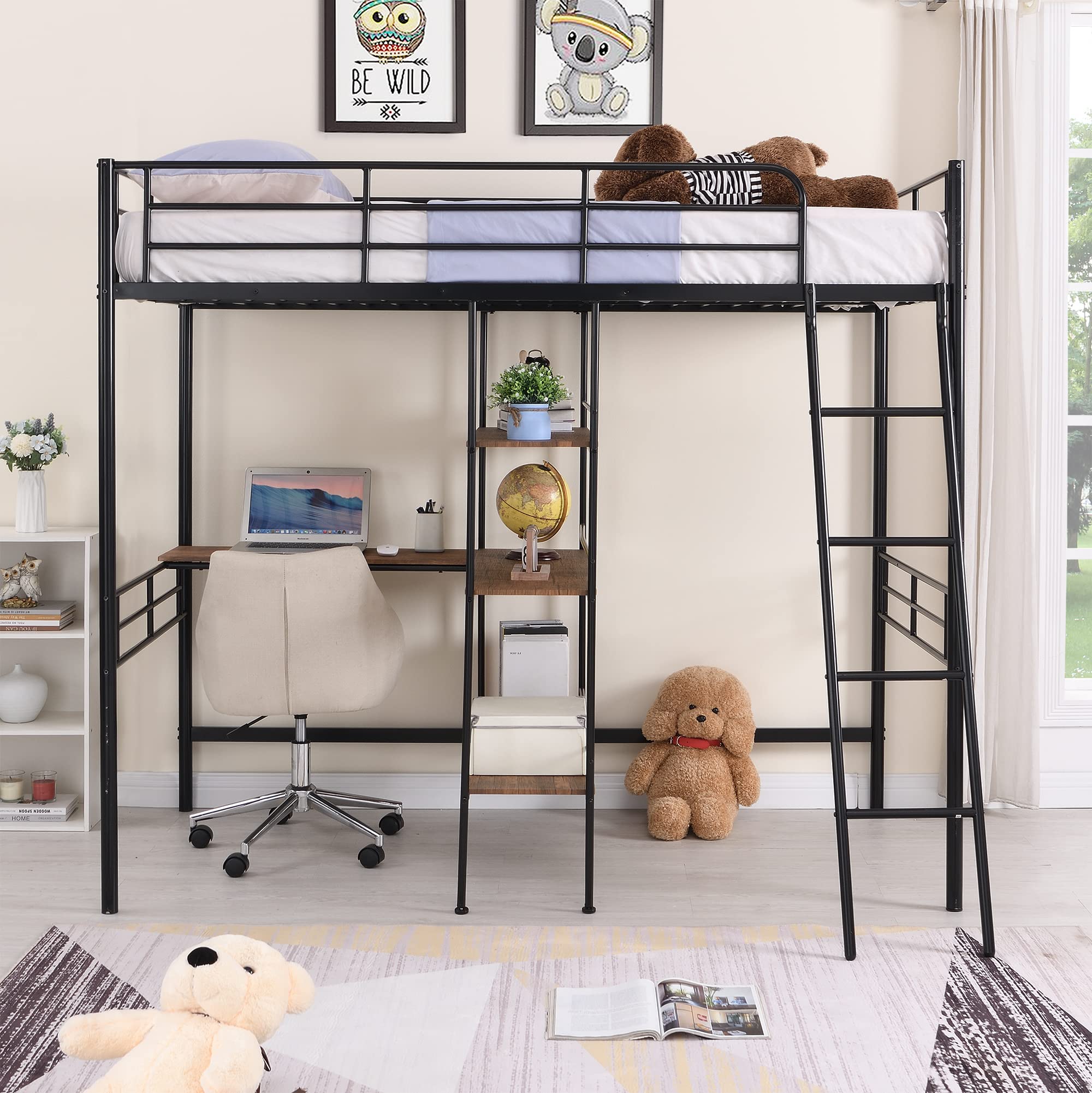 Twin Size Loft Bed with Built-in Desk & 3-Tier Shelves - Under-Bed Workstation, Metal Bed Frame with Ladder & Guardrails - Space Saving Bedroom Furniture for Small Rooms, Dorms & Apartments (Black)