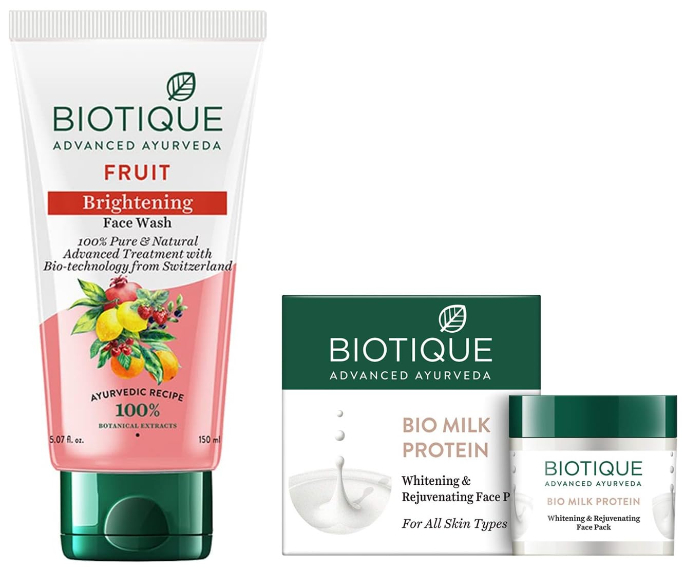 Biotique Bio White Advanced Fairness Face Wash 150ml & Bio Milk Protein Whitening Rejuvenating Face Pack 50g - Natural Skincare for All Skin Types - Brightening & Hydrating Daily Routine for Glowing Skin