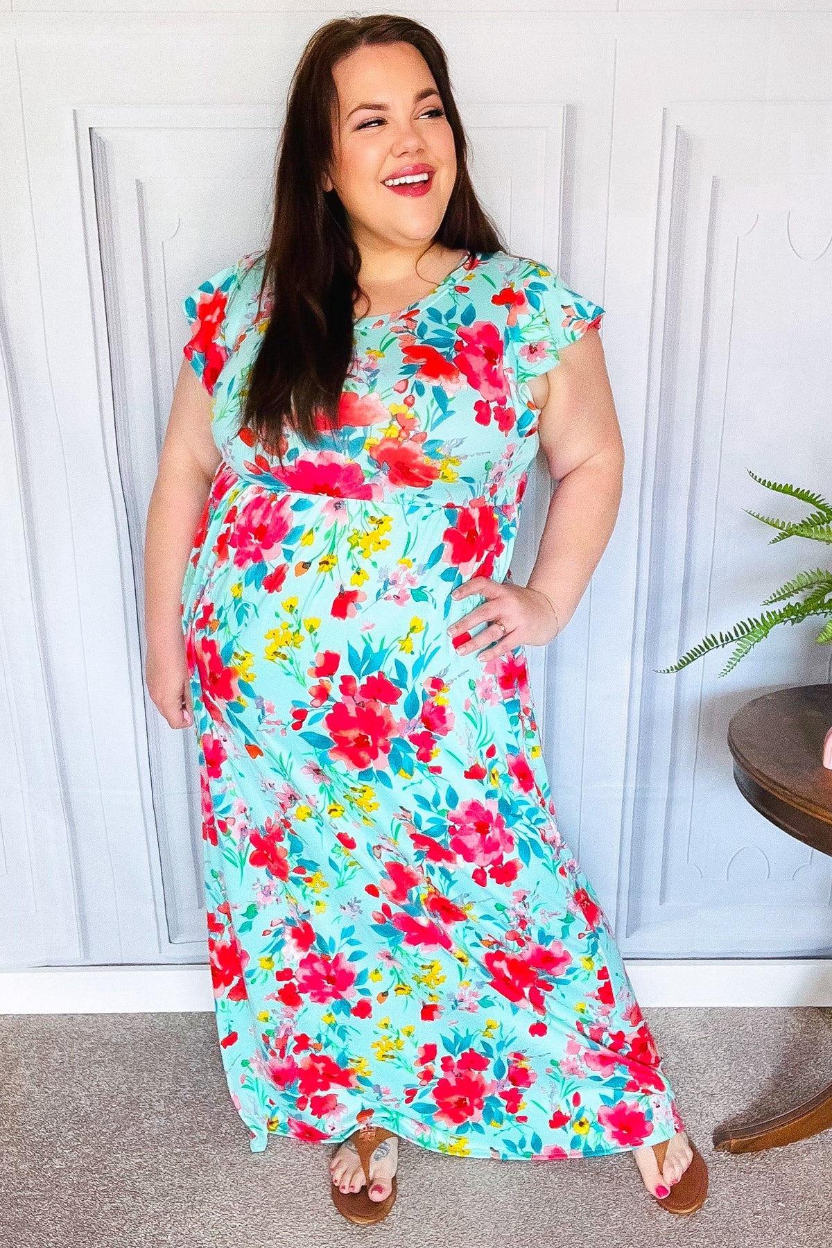 Aqua Floral Fit & Flare Maxi Dress for Women - Summer Beach Wedding Party Dress - Flowy Long Dress with V-Neck & Ruffle Hem