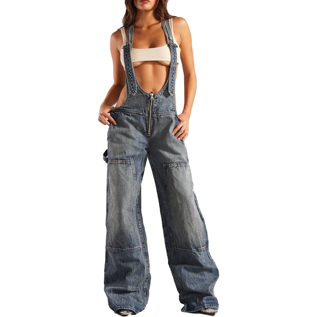 Women's Baggy Denim Bib Overalls - Adjustable Straps & Wide Leg Y2K Cargo Jumpsuit | Loose Fit Denim Overalls with Zipper | Perfect for Casual Outings, Streetwear Fashion & Vintage Style