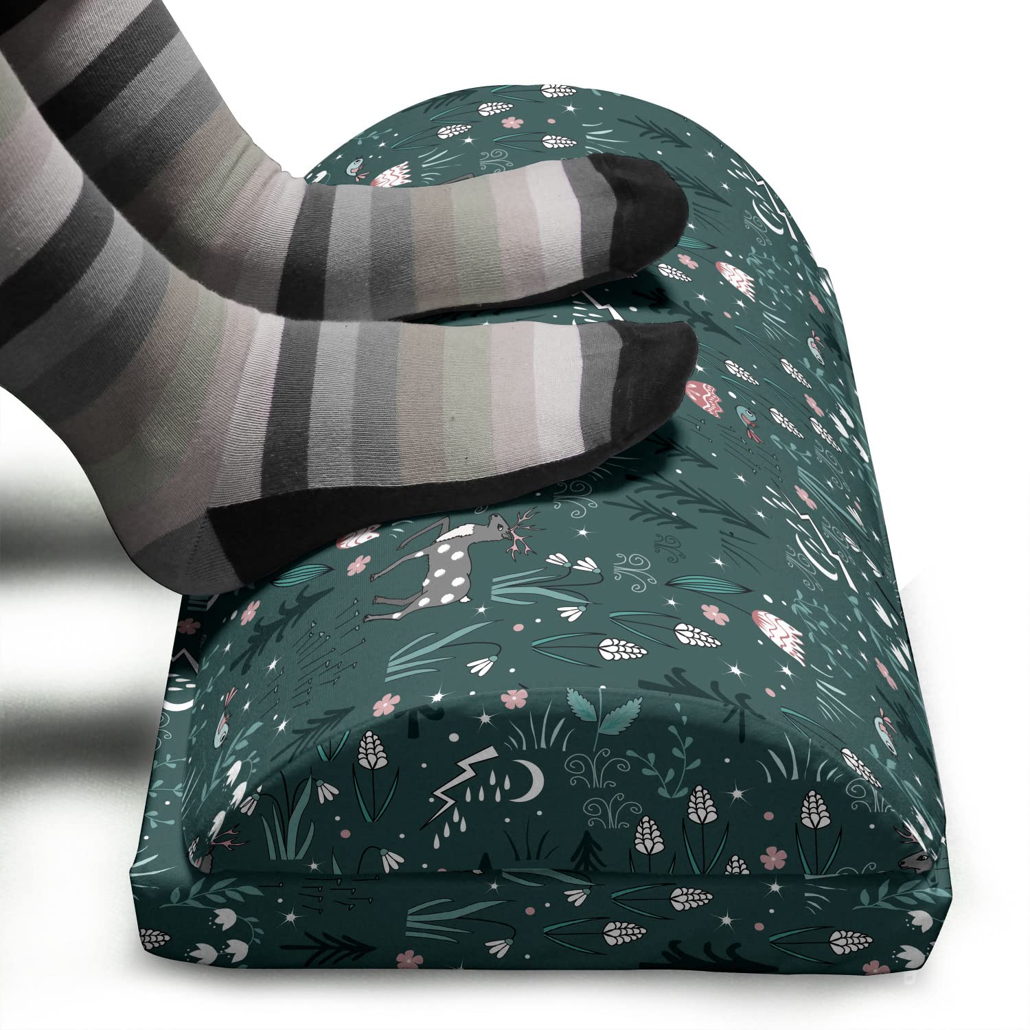 Ambesonne Adjustable Ergonomic Memory Foam Foot Rest with Non-Slip Backing - Botanical Winter Design Featuring Tulips, Reindeer, Birds & Pine Trees in Grey Teal & Multicolor - Perfect for Office, Home & Gaming Comfort