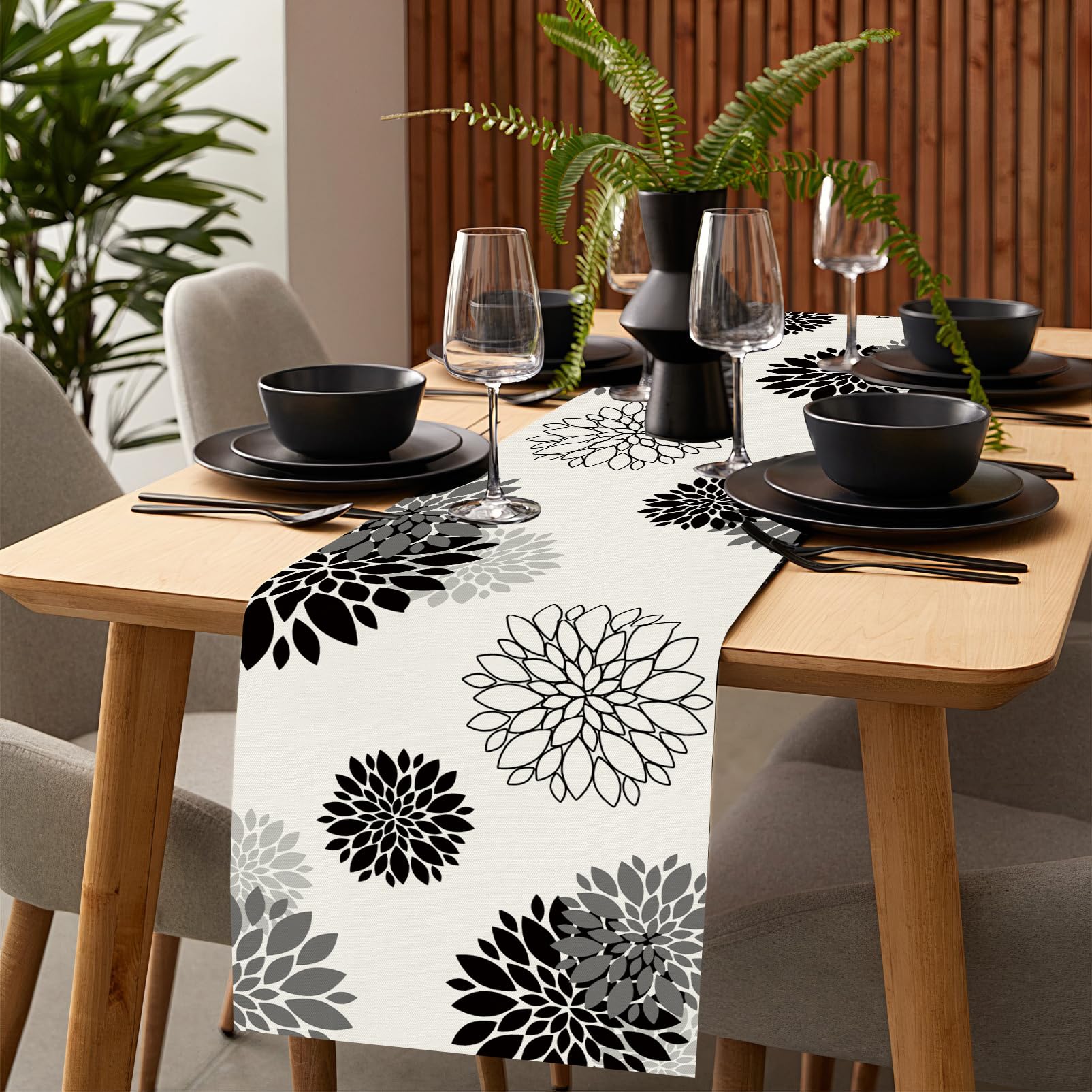 Modern Black Gray Dahlia Pinnata Flower Table Runner - Elegant Beige Pompon Farmhouse Geometric Design for Coffee Table, Dining Table, Kitchen Decor - 13 x 36 Inch - Perfect for Home, Parties & Farmhouse Style Decorations