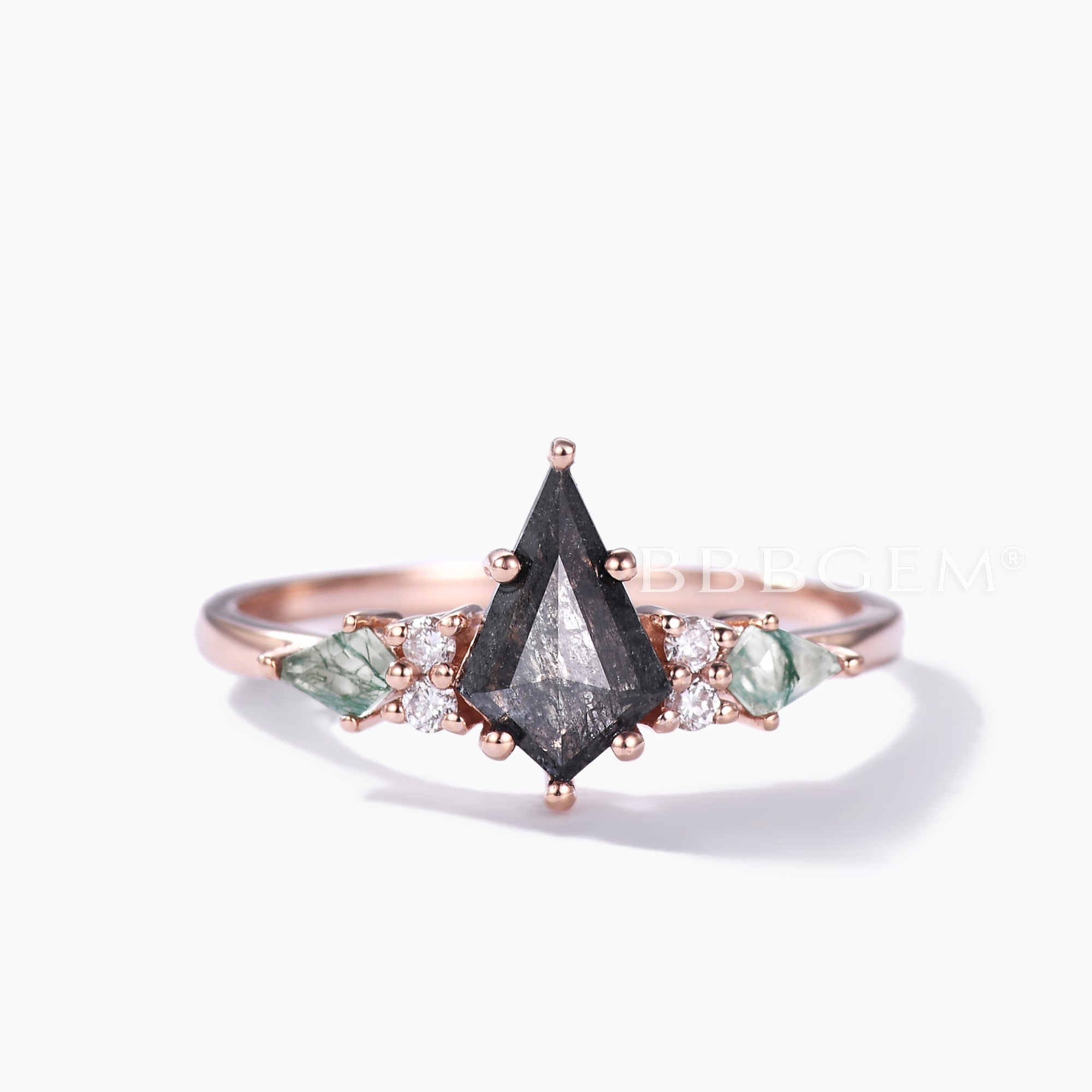 Vintage Kite-Shaped Salt and Pepper Diamond Engagement Ring with Moss Agate Cluster in Rose Gold | Unique Handcrafted Wedding Band for Brides, Promise Rings & Anniversary Gifts