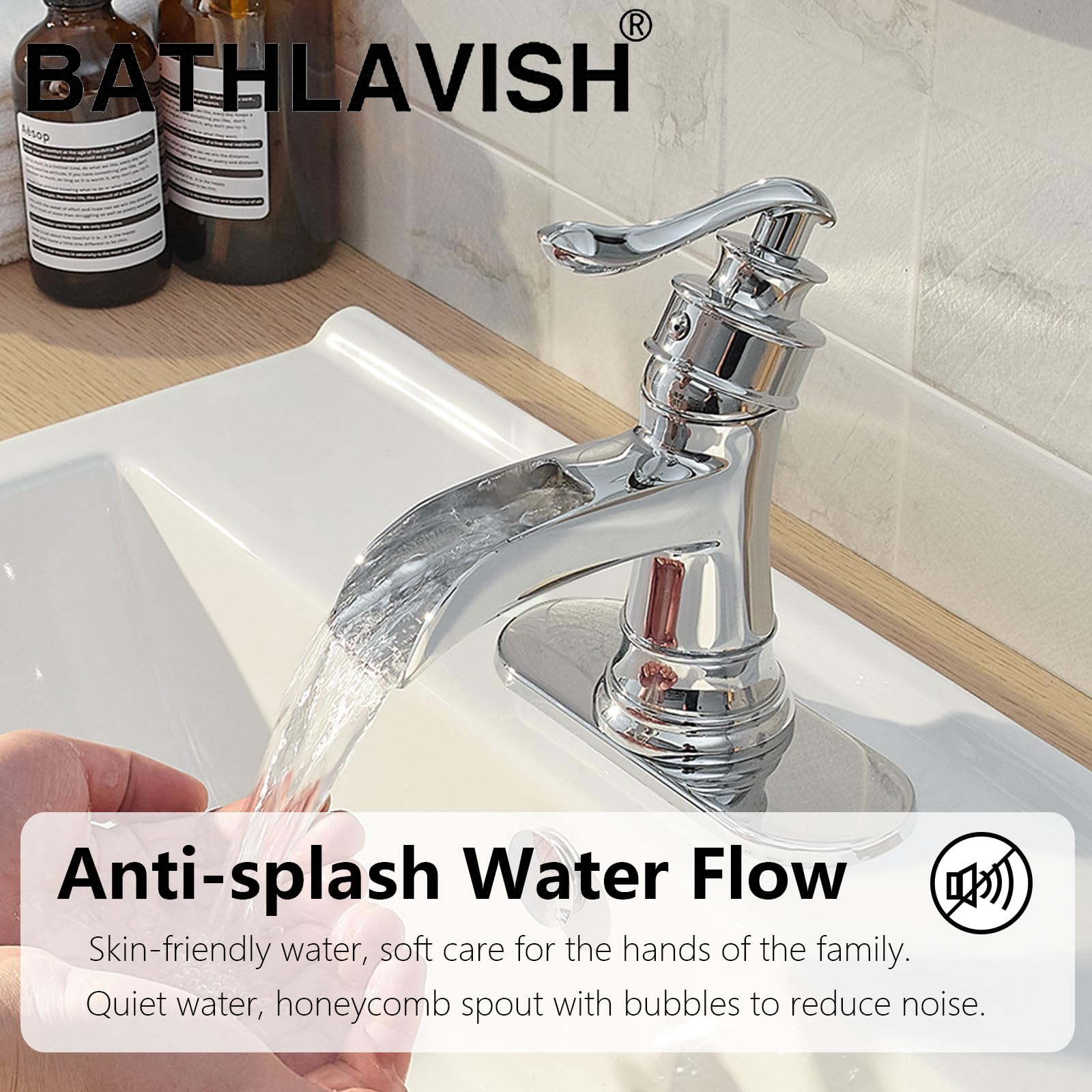 Chrome Waterfall Bathroom Sink Faucet - Single Hole Farmhouse Vanity Faucet with Pop-Up Drain & Overflow - Perfect for RV, Lavatory, and Modern Bathroom Decor