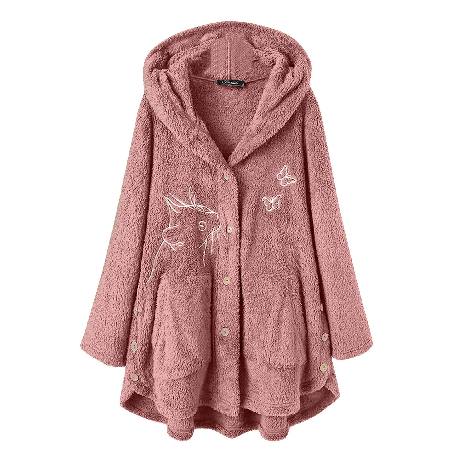 Women's Winter Hooded Plush Wool Trench Coat - Loose Fit Button Front Cardigan with Printed Design | Cozy Outerwear for Casual Wear, Office & Outdoor Activities