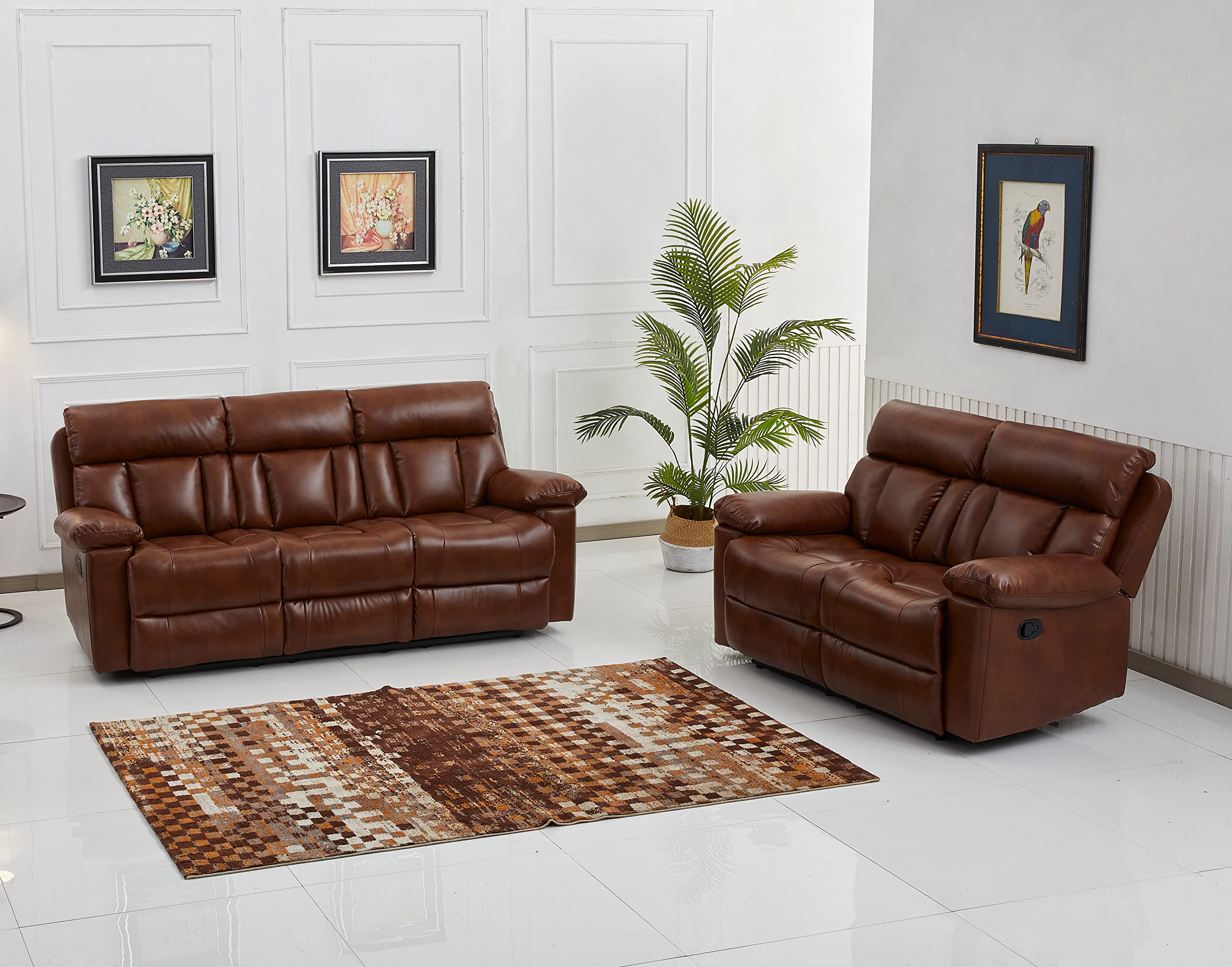Betsy Furniture Genuine Bonded Leather Reclining Sofa Set - 2-Piece Living Room Sectional with Power Recline (Orange) - Perfect for Home Theater, Family Rooms & Small Spaces