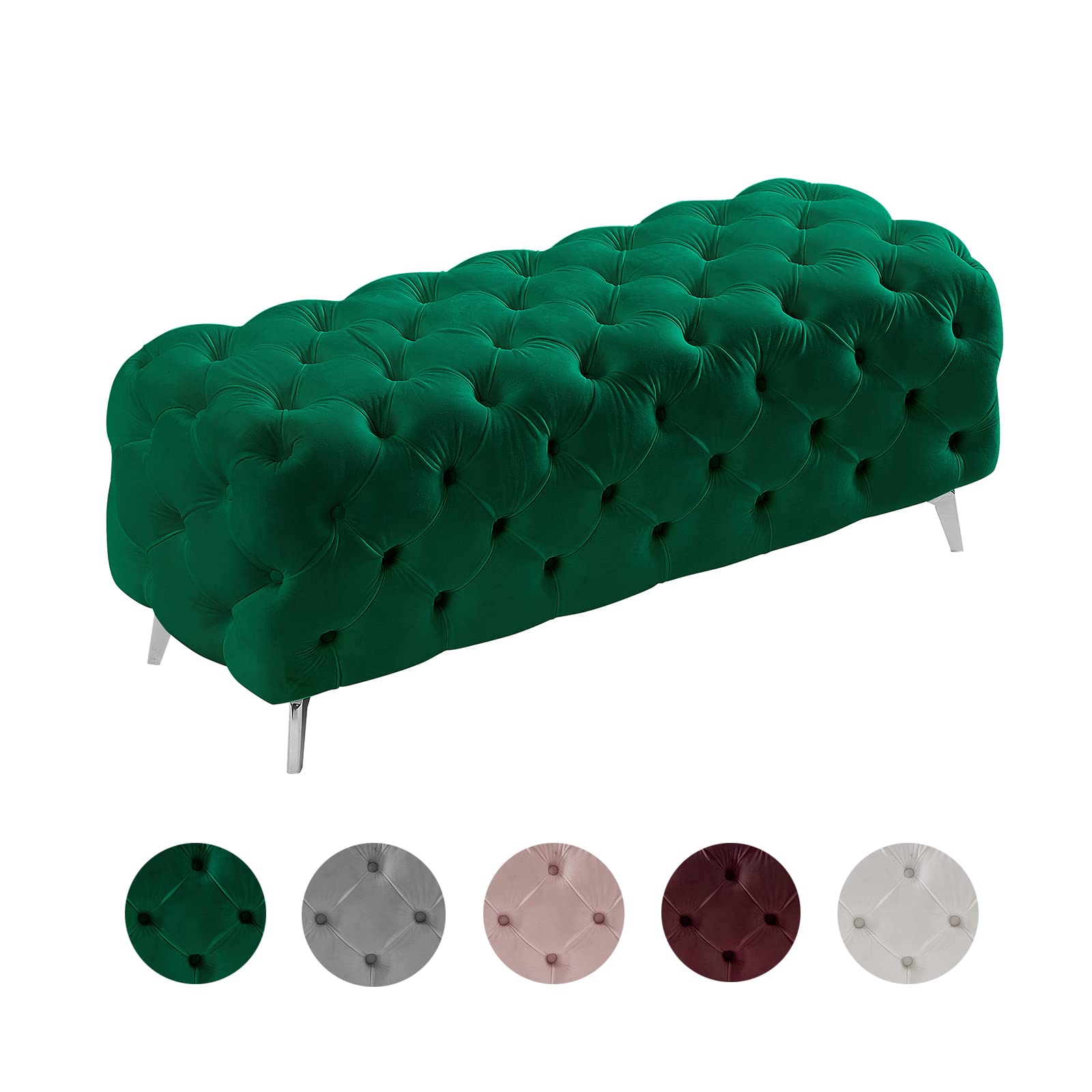 Luxury Velvet Bedroom Bench - Stylish Soft Padded Bed End Bench with Deep Button Tufted Upholstery, Elegant Rectangle Ottoman Footrest in Chic Plush Green Velvet - Perfect for Bedroom Seating, Living Room Decor & Entryway Furniture