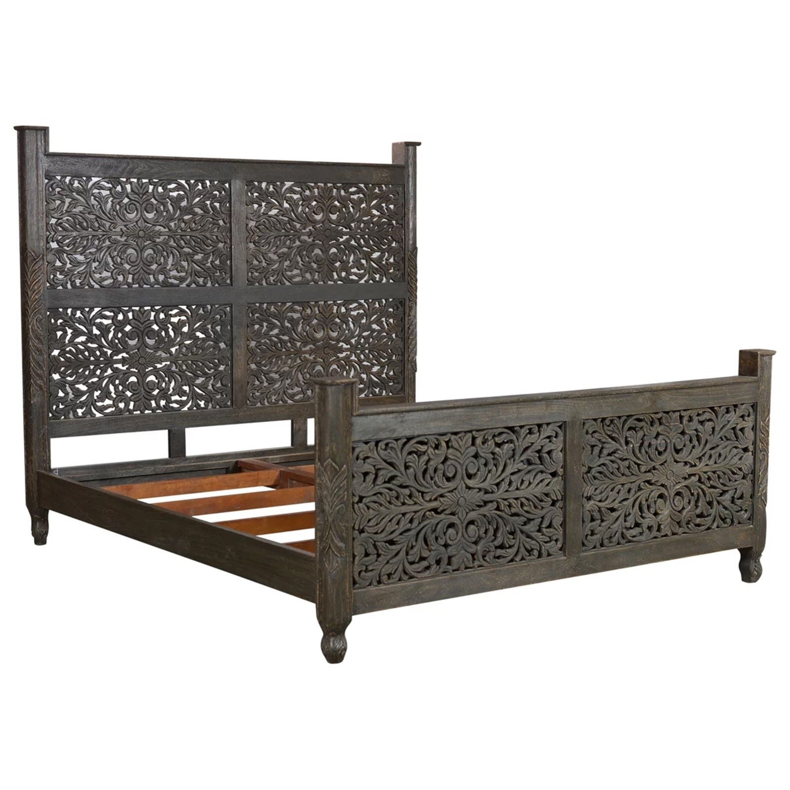 Hand Carved Solid Wood Indian Bed Frame in Chocolate Finish - Queen Size, Traditional Design for Bedroom Decor, Master Suite or Guest Room