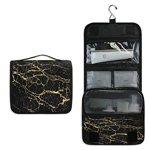 Black Gold Glitter Marble Hanging Toiletry Bag - Waterproof Travel Cosmetic Organizer for Women, Large Makeup Pouch with Mirror | Perfect for Vacation, Gym, Beach & Daily Use