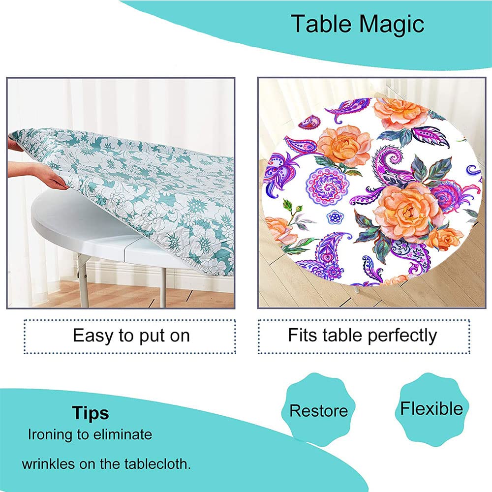 Elegant Paisley Round Tablecloth with Elastic Edge - 3D Printed Design for 32 Inch Dining Tables - Perfect for Buffet Parties, Camping & Outdoor Events - Washable & Wrinkle-Resistant Polyester Fabric