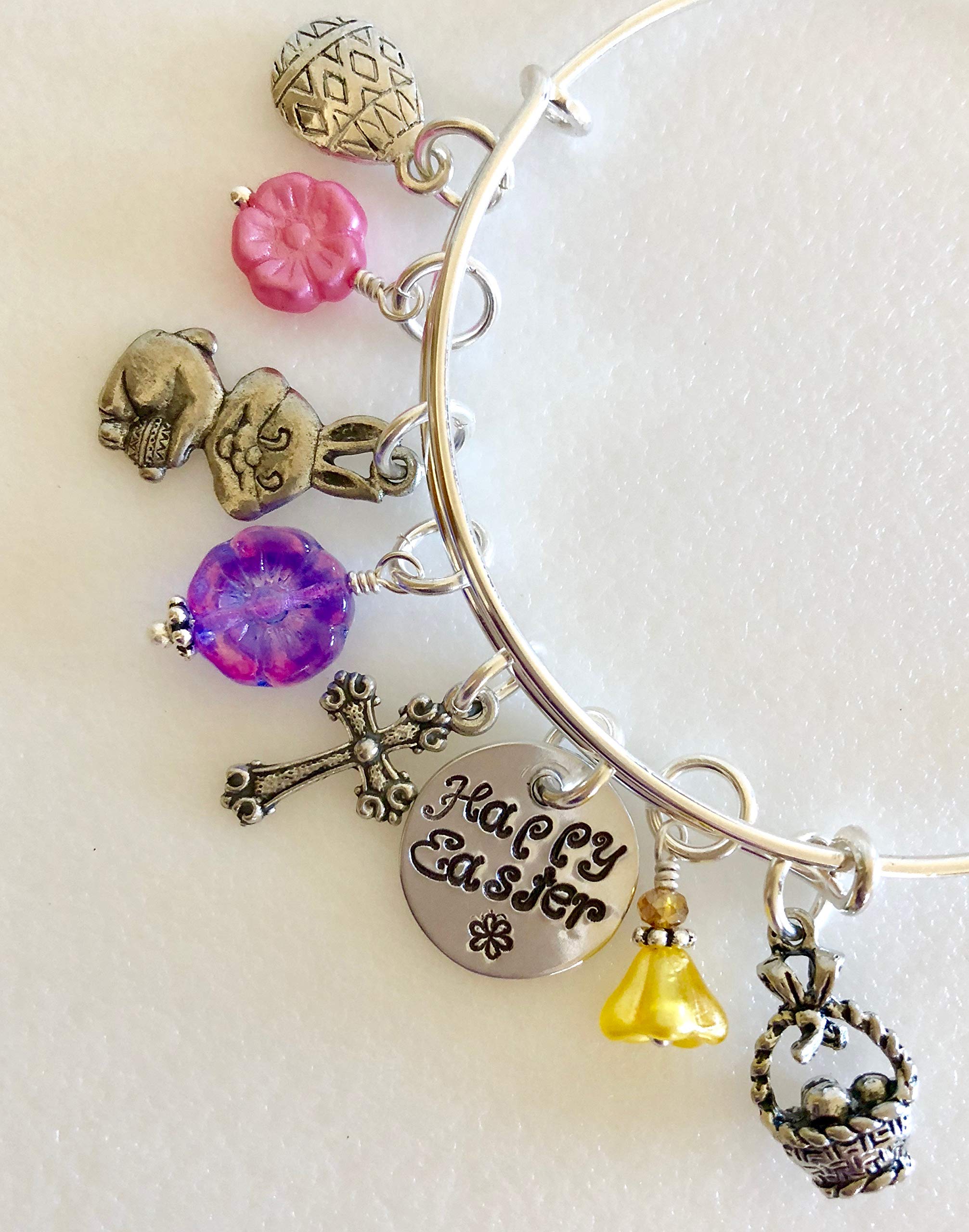 Easter Charm Bracelet with Bunny & Christian Cross - Adjustable Silver Bangle for Women - Perfect for Easter Gifts, Basket Fillers & Spring Celebrations