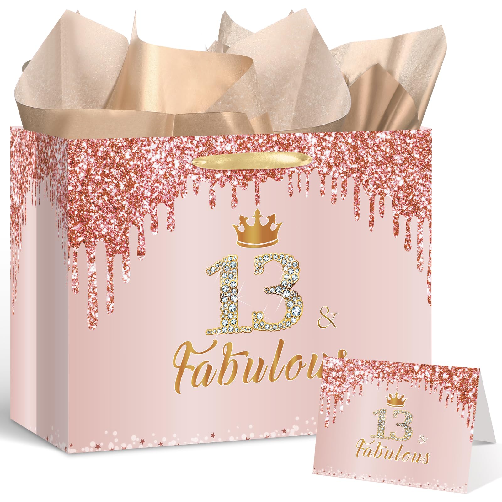 Yoirrat Rose Gold 13 & Fabulous 13th Birthday Gift Bag Set for Girls - Large Pink Party Favor Bag with Wrapping Paper & Card - Perfect for Teen Birthday Decorations, Party Supplies & Celebration Gifts