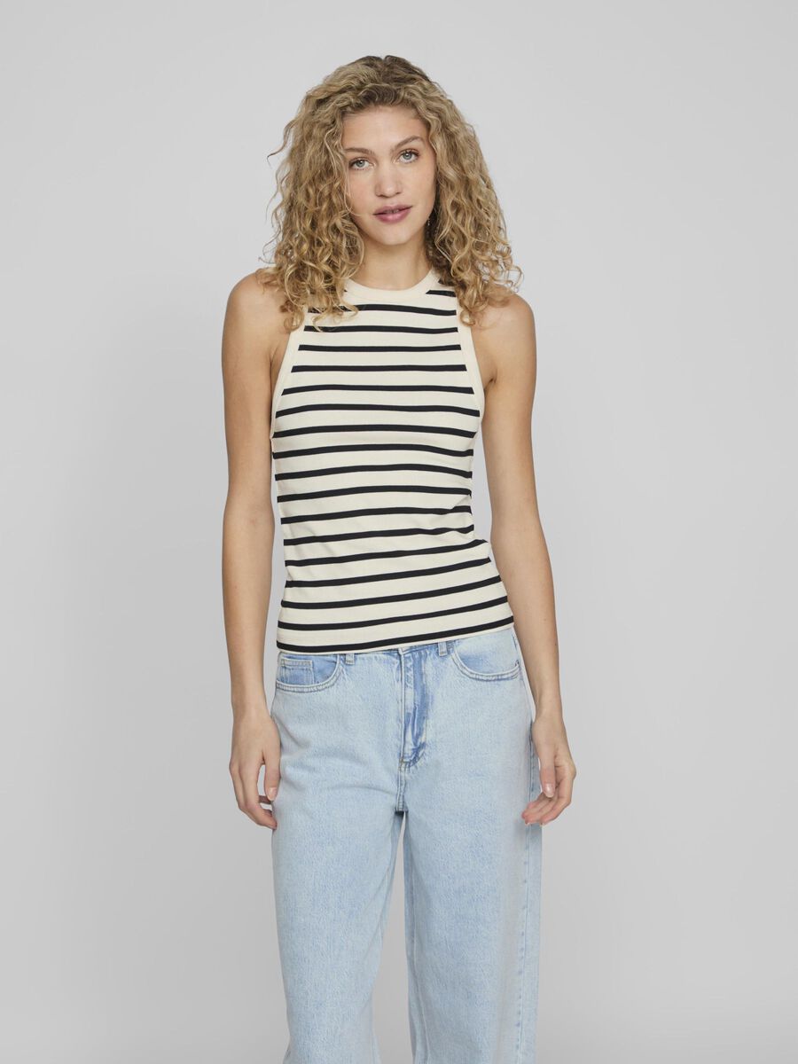 Bena O Neck Tank Top for Women - Soft Cotton Sleeveless Shirt (Eggnog/Black) - Perfect for Summer, Gym, and Casual Outfits