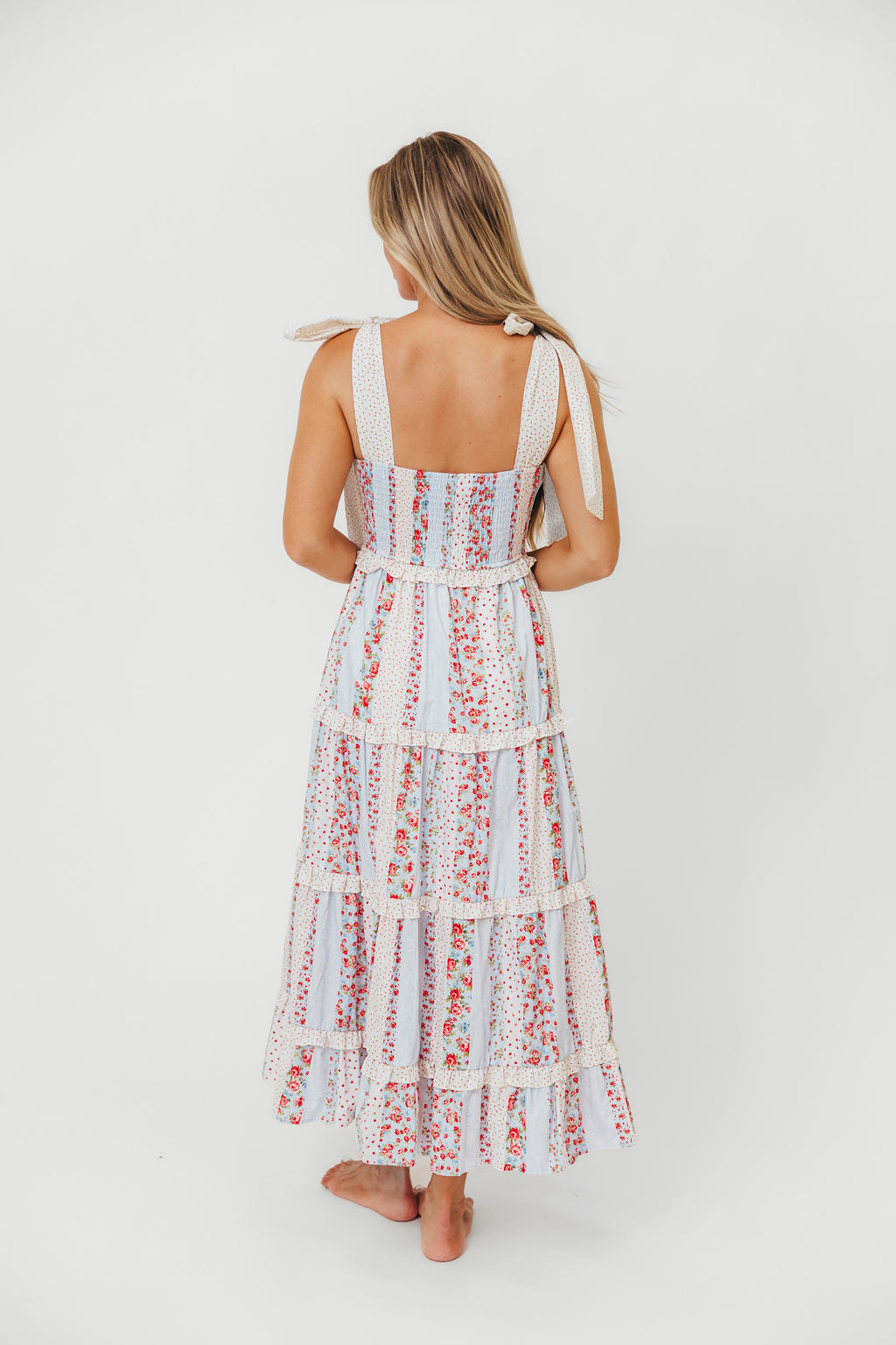 Maley Women's Blue Cotton Poplin Floral Maxi Dress with Tie Straps - Perfect for Summer Beach Vacations & Boho Chic Outfits
