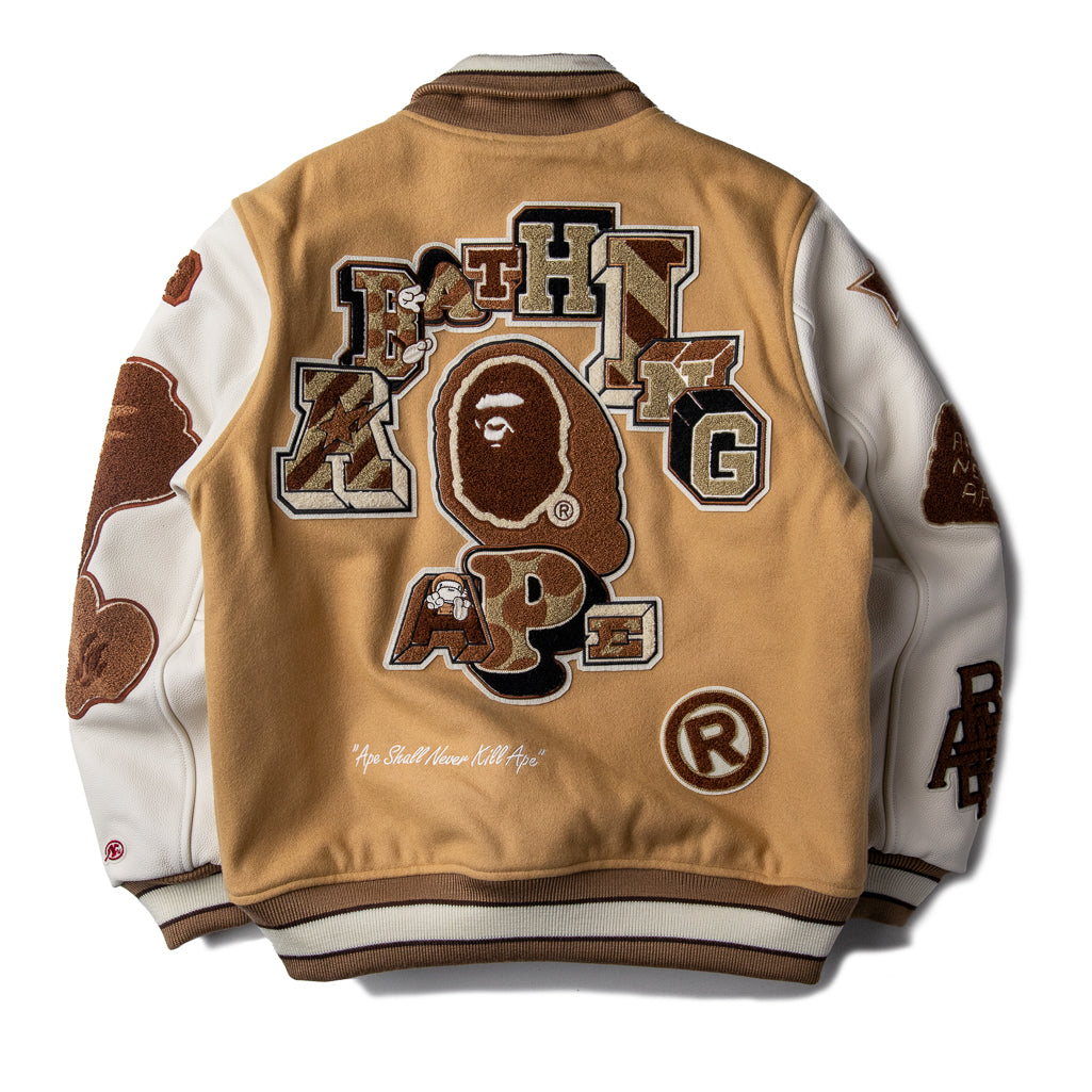 BAPE Beige Motif Varsity Jacket for Men - Stylish Streetwear Fashion | Perfect for Casual Outfits, Hip Hop Style & Urban Street Fashion