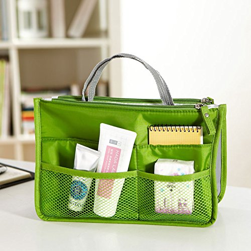 Ecokaki(TM) Multi-Pocket Nylon Purse Organizer - Cosmetic Gadget Bag Insert for Handbags (Green) | Perfect for Travel, Work & Daily Organization