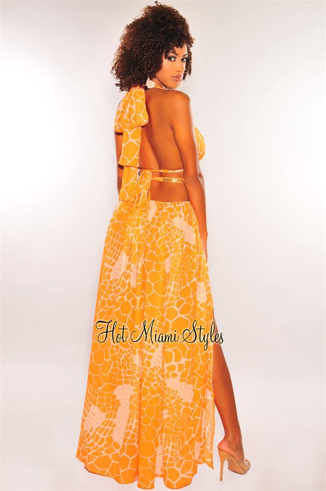 Stylish Tangerine Print O-Ring Cut-Out Gold Belted Double Slit Maxi Dress for Women | Summer Beach Party & Evening Cocktail Dress