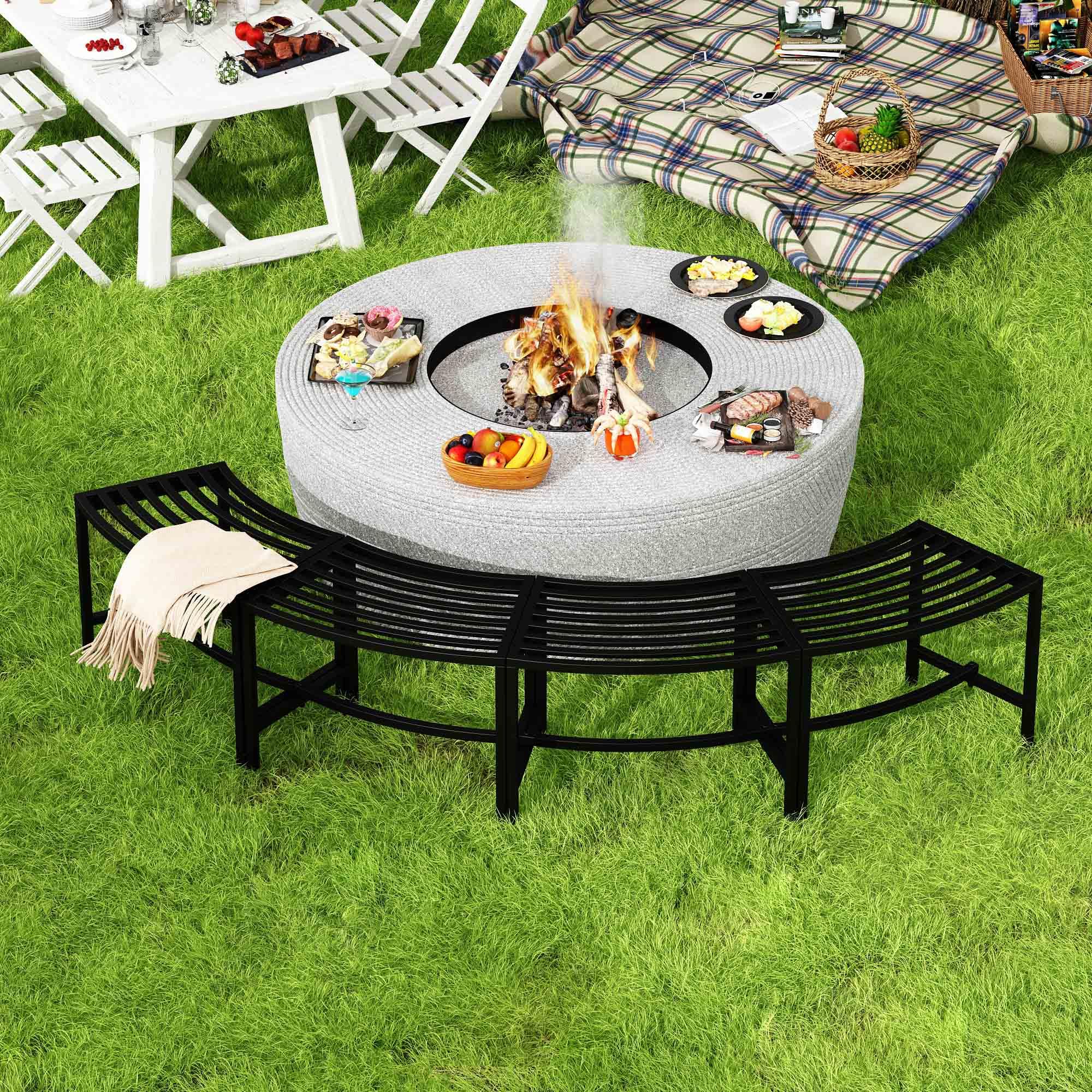 4-Piece Metal Curved Fire Pit Bench Set - Heavy Duty Steel Backless Outdoor Seating for Garden, Patio, Porch & Backyard - Perfect for Campfires, Outdoor Gatherings & Garden Decor (Black, Style 1)