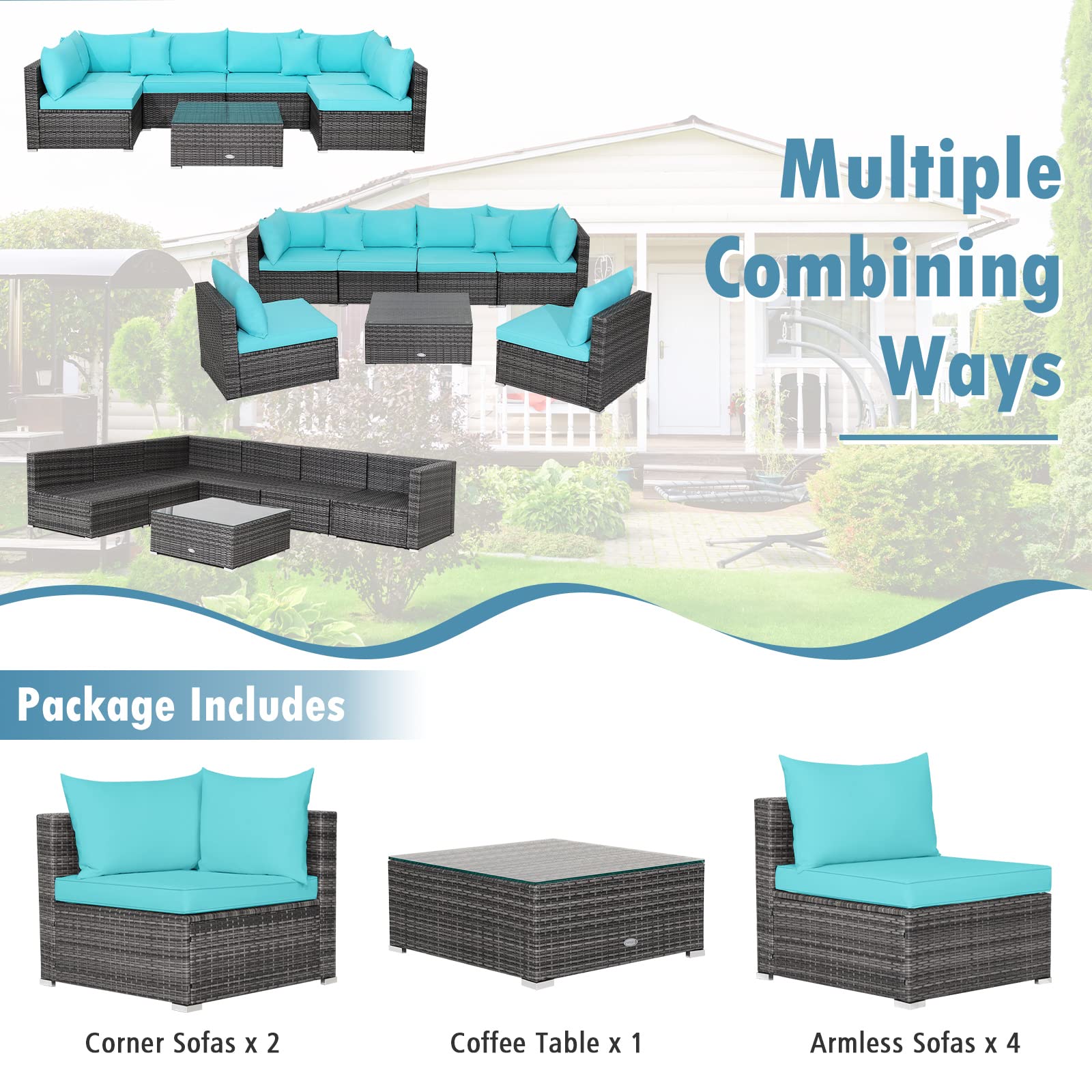 **Tangkula 7-Piece All-Weather Outdoor Patio Furniture Set - Rattan Sectional Sofa with Cushions & Tempered Glass Coffee Table - Perfect for Garden, Lawn, Backyard, Poolside (Turquoise Blue)**