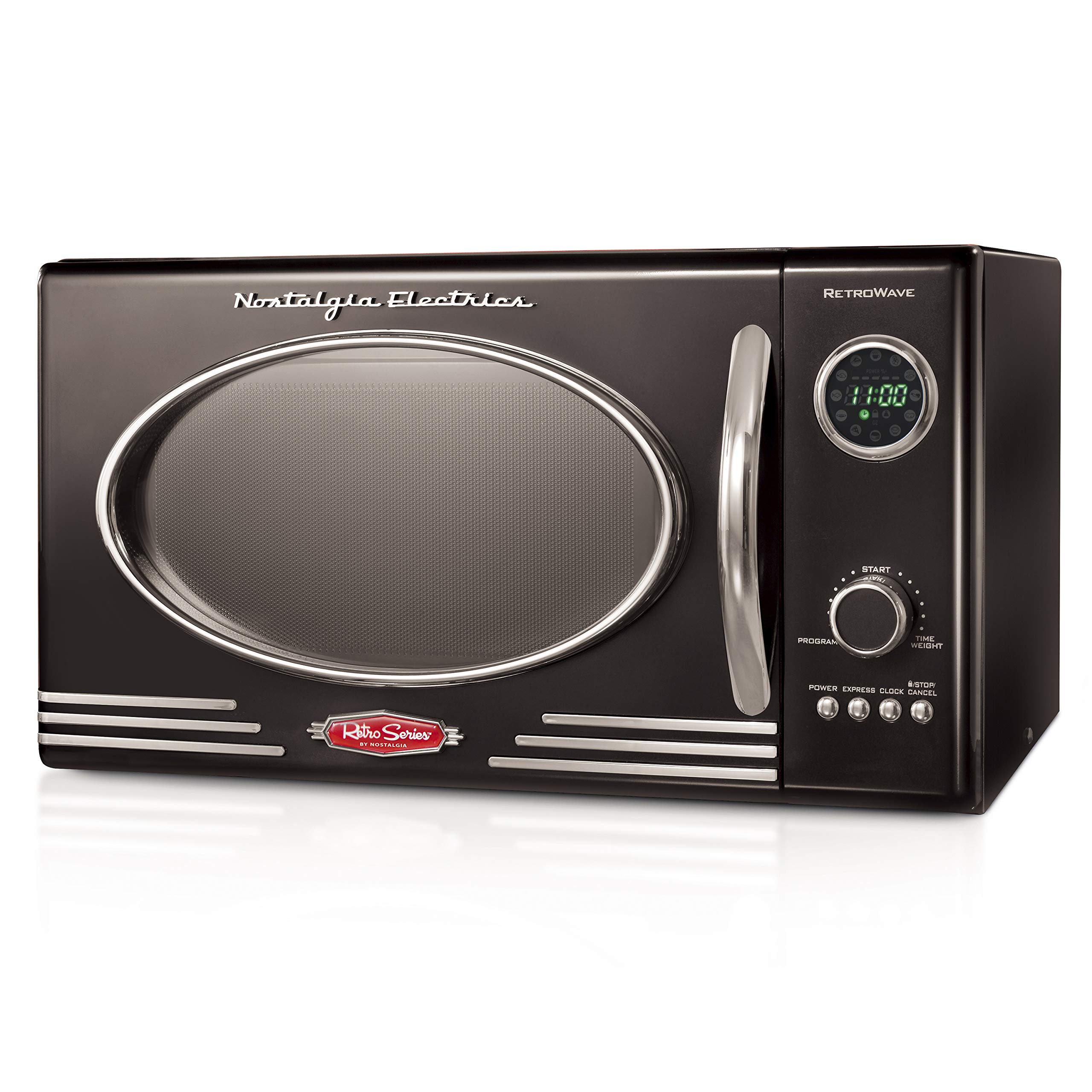 Nostalgia RMO4BK Retro 0.9 Cubic Foot 800W Countertop Microwave Oven - 5 Power Levels, 12 Cook Settings, LED Display, Jet Black - Perfect for Small Kitchens, Dorms & Office Break Rooms