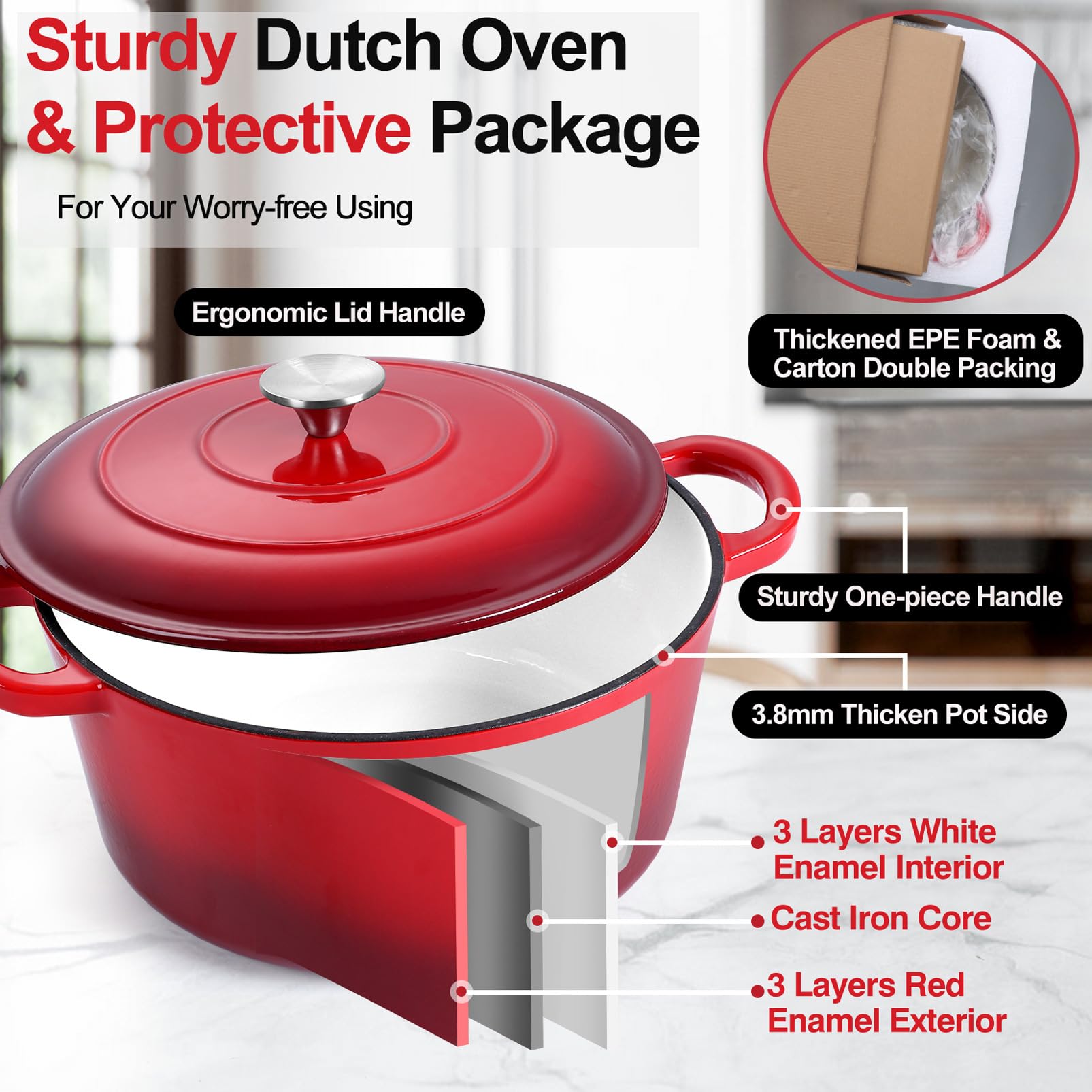 P&P CHEF Enameled Cast Iron Dutch Oven 7QT - Red Enameled Casserole Pot with Lid for Baking Bread, Roasting, Braising, Stewing, Frying & Simmering - Oven, Stovetop & Induction Safe - Easy to Clean - Perfect for Home Cooking, Camping & Outdoor Use