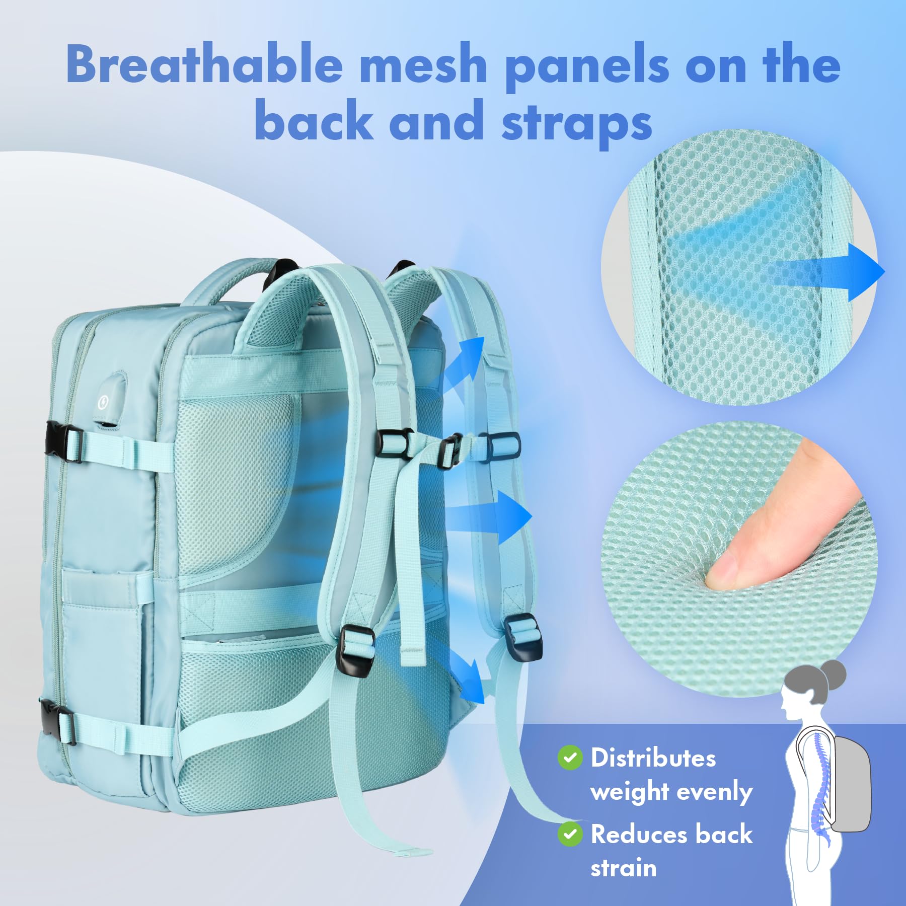 Dikaslon Travel Backpack for Women & Men - Flight Approved Carry On Backpack with USB Charging Port & Shoe Compartment - Light Blue Daypack for Business Travel, Weekend Getaways & Daily Commute