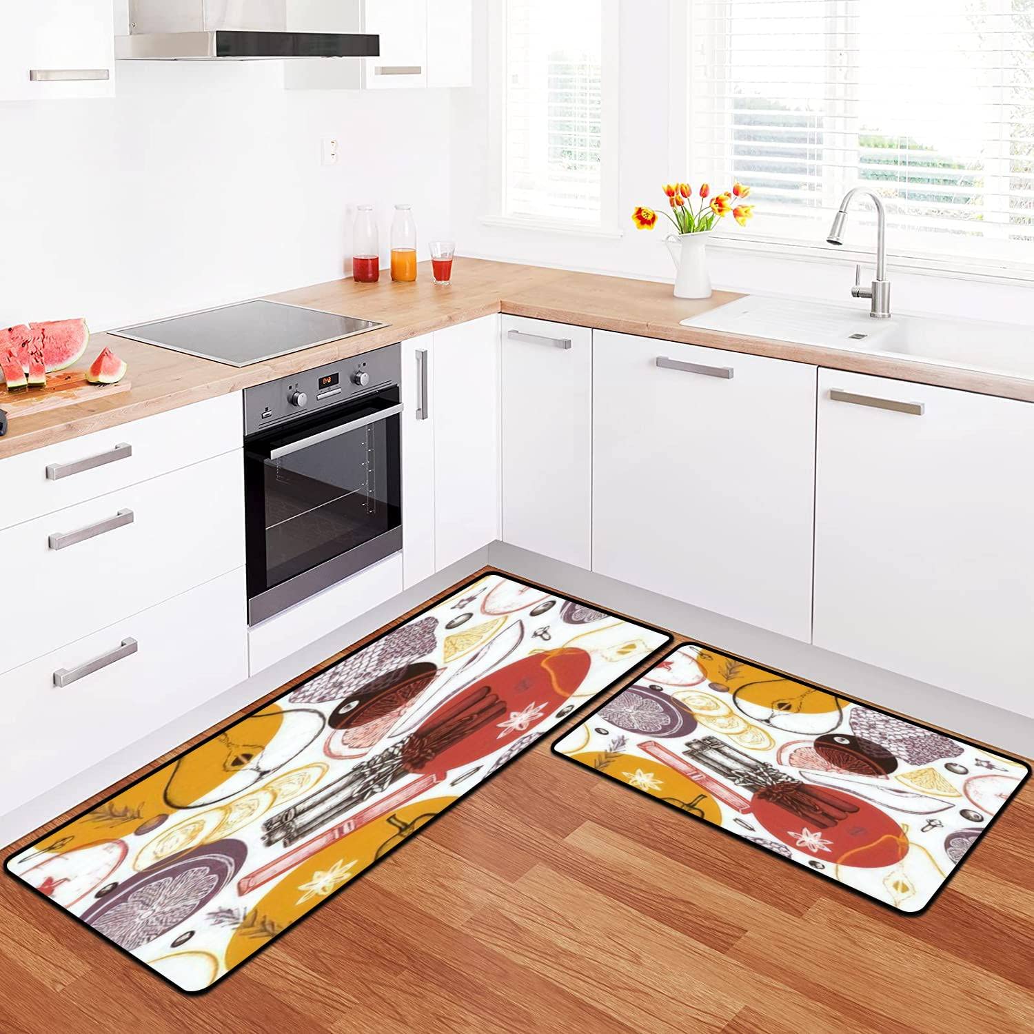 Non-Slip Washable Kitchen Rugs Set with Hand-Sketched Herbs & Berries Design - Durable Floor Mats for Kitchen, Bathroom & Entryway - Perfect Standing Comfort for Cooking & Decor