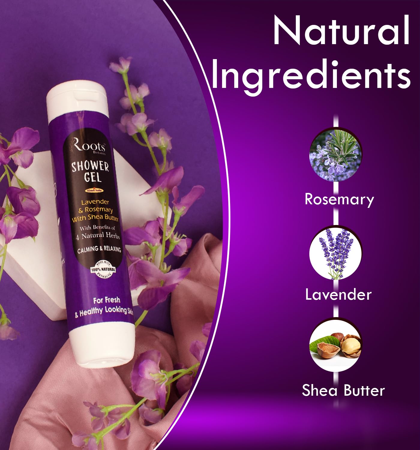 Roots Botanix Natural Lavender & Rosemary Shower Gel with Shea Butter - Moisturizing Body Wash for Dry Skin (200ml) - Relaxing Aromatherapy for Stress Relief & Better Sleep