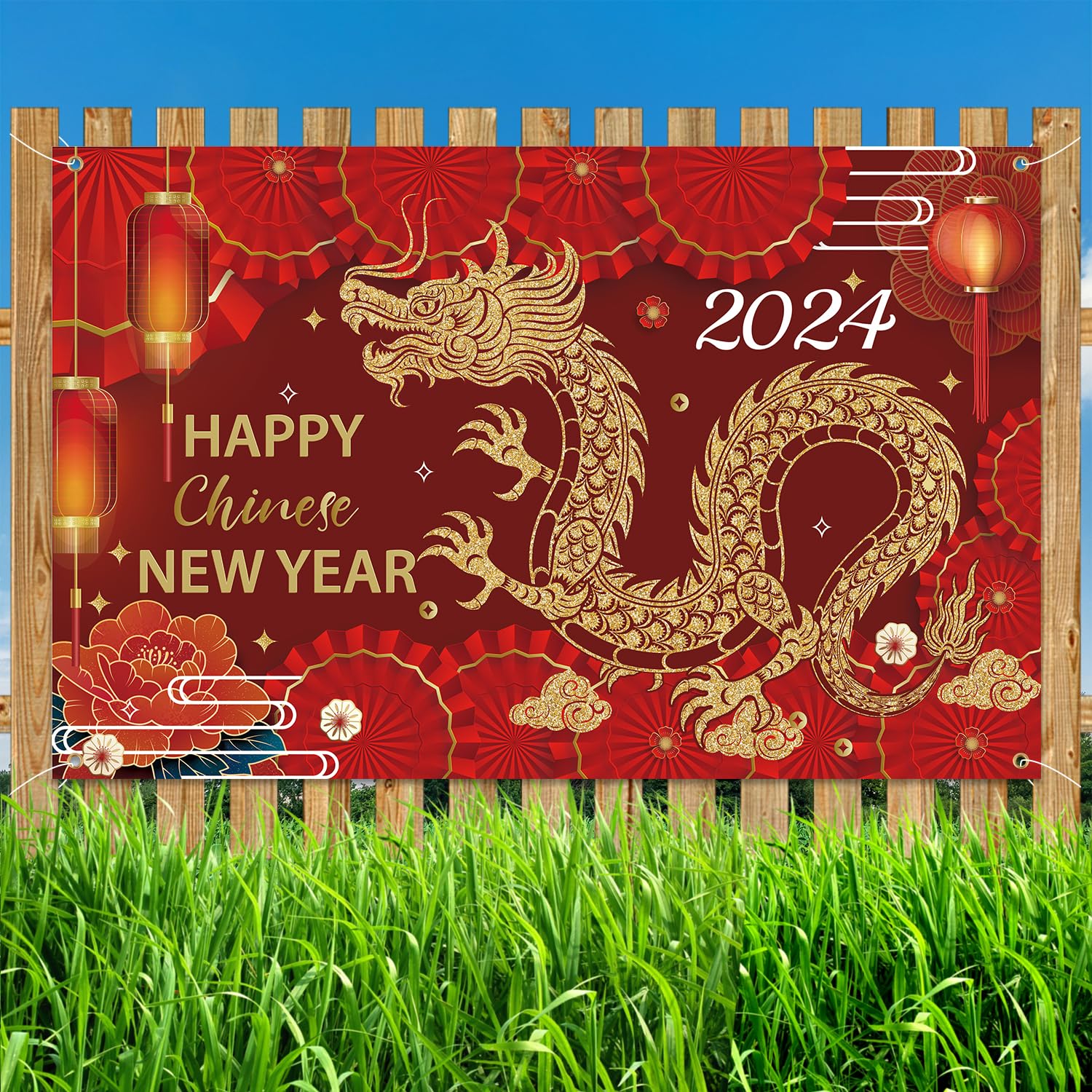 71x45 Inch Happy New Year Banner 2024 - Chinese New Year Backdrop, Dragon Lantern Red Background for New Year Eve Party Decorations & Photo Props | Perfect for Home, Office, and Festival Celebrations