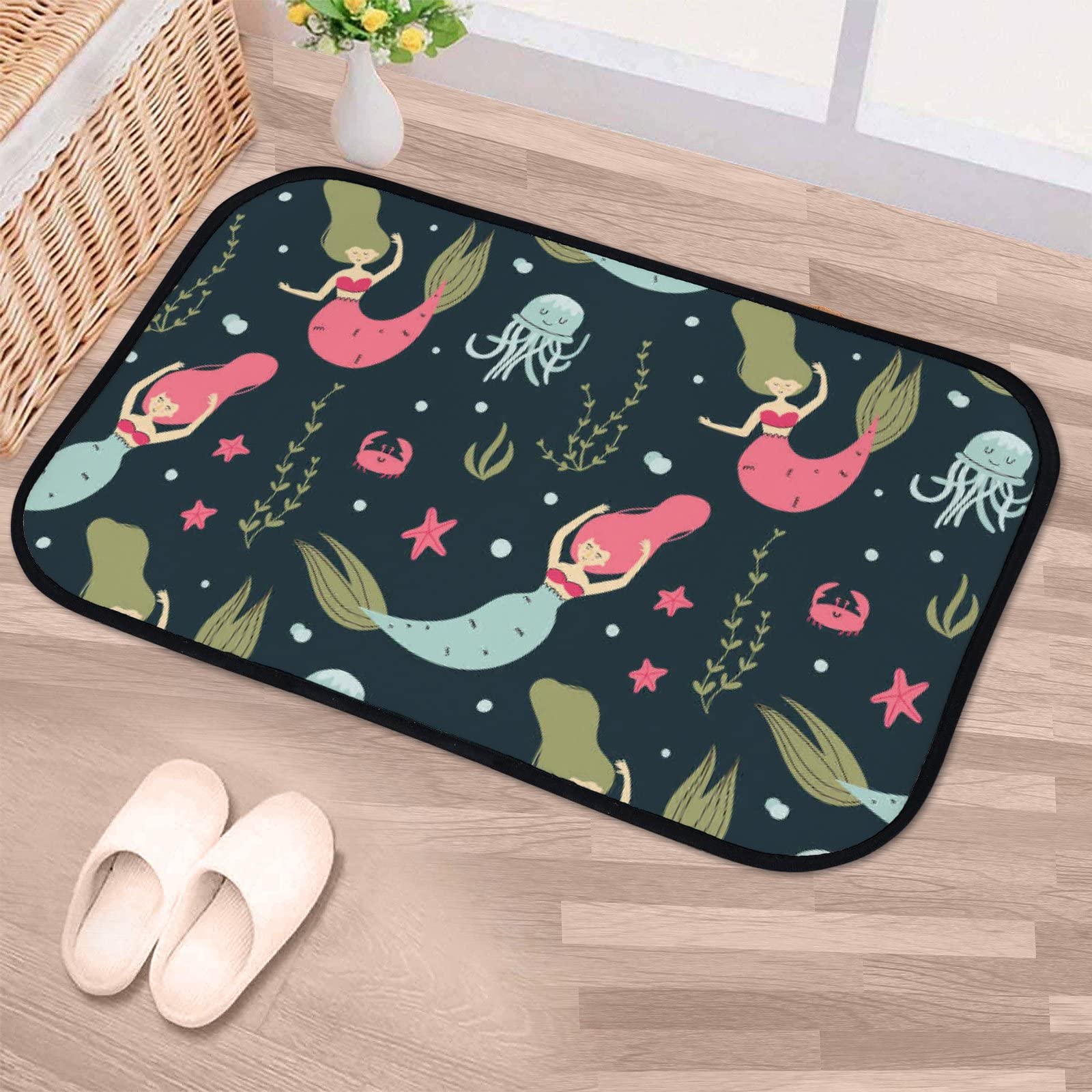 Soft Non-Slip Washable Foam Area Rug - Cute Mermaid & Octopus Design for Kitchen, Bathroom, Living Room - Indoor/Outdoor Home Decor Mat 23.6