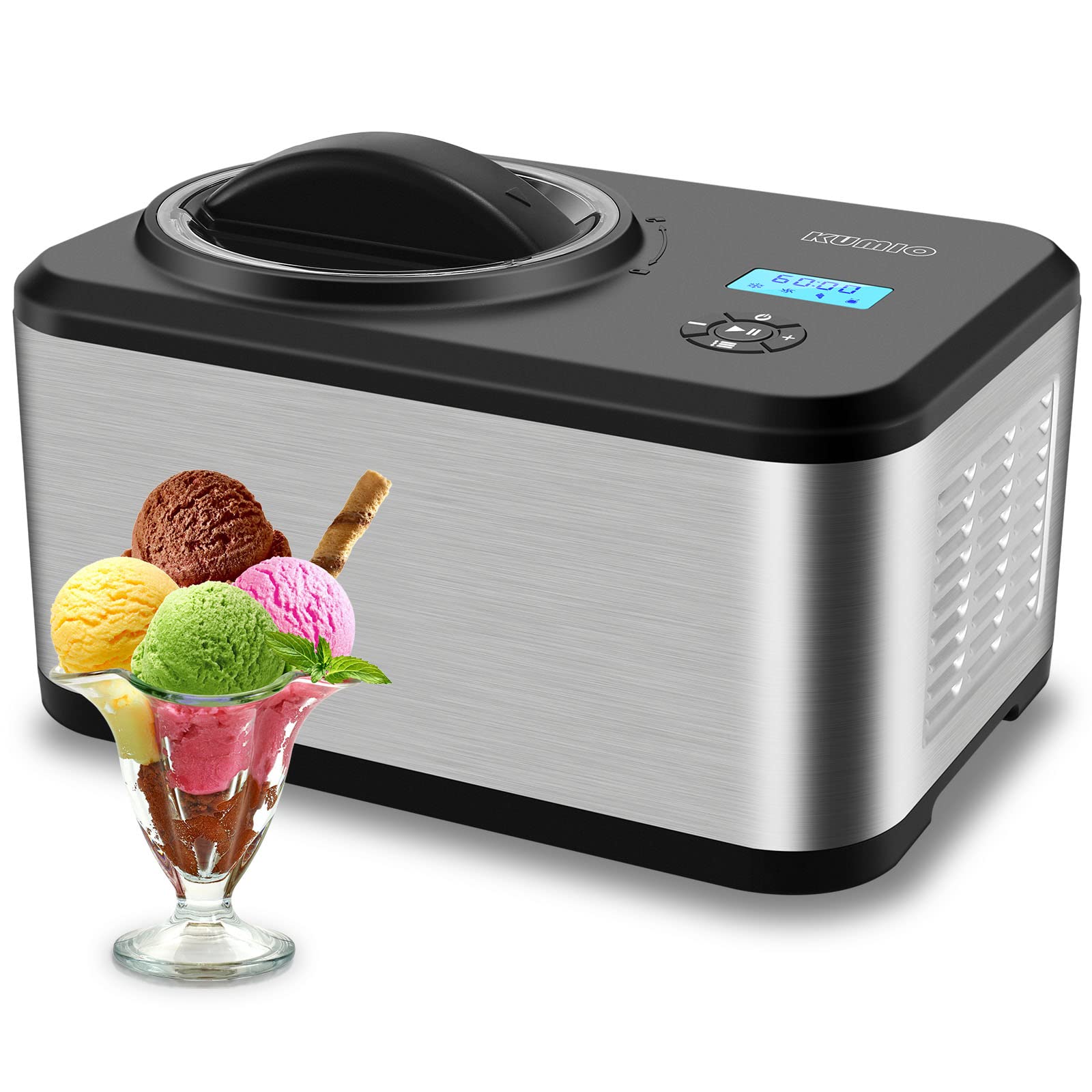 KUMIO 1.6-Quart Automatic Ice Cream Maker with Compressor - No Pre-Freezing Needed, 4 Modes for Homemade Gelato, Frozen Yogurt & Sorbet - LCD Display & Timer - Stainless Steel Ice Cream Machine for Parties, Family Gatherings & Dessert Lovers