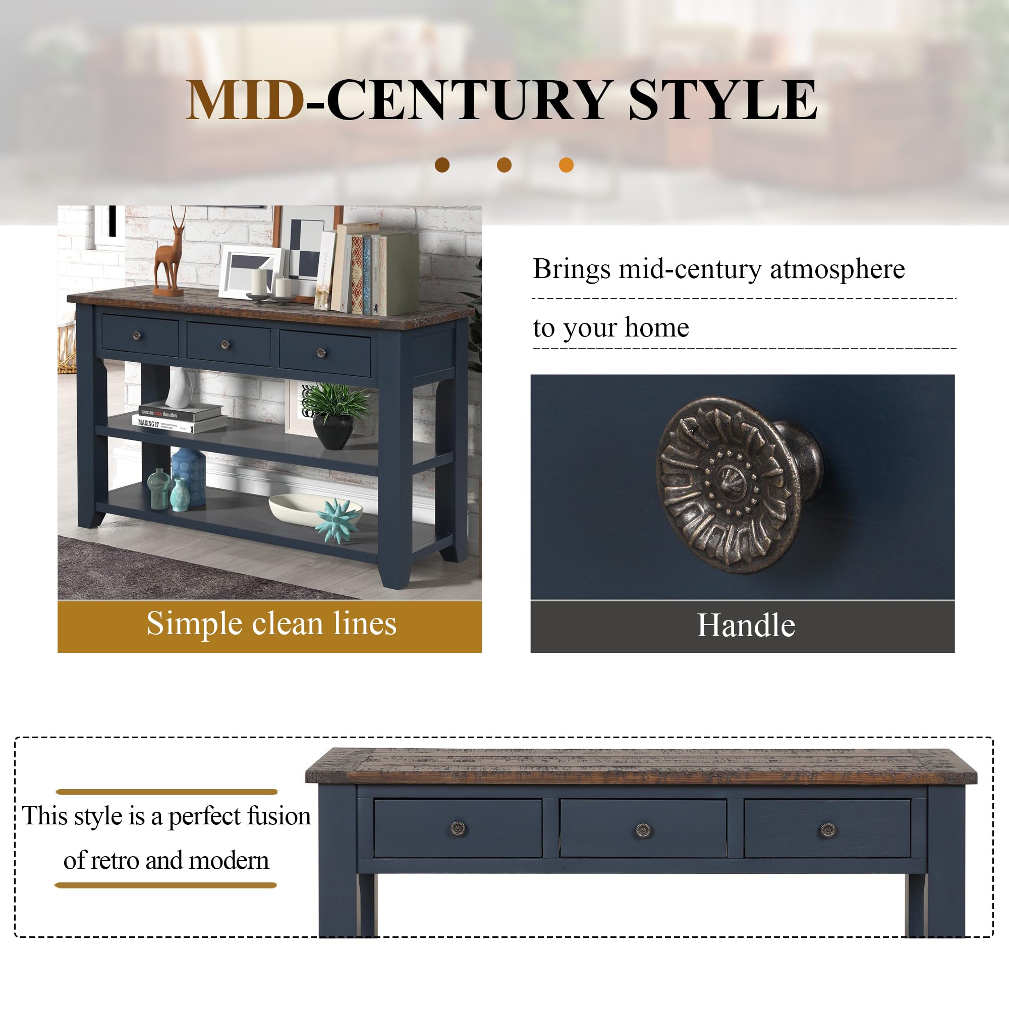 Solid Wood Console Table with Storage Drawers & Bottom Shelf - 48.8