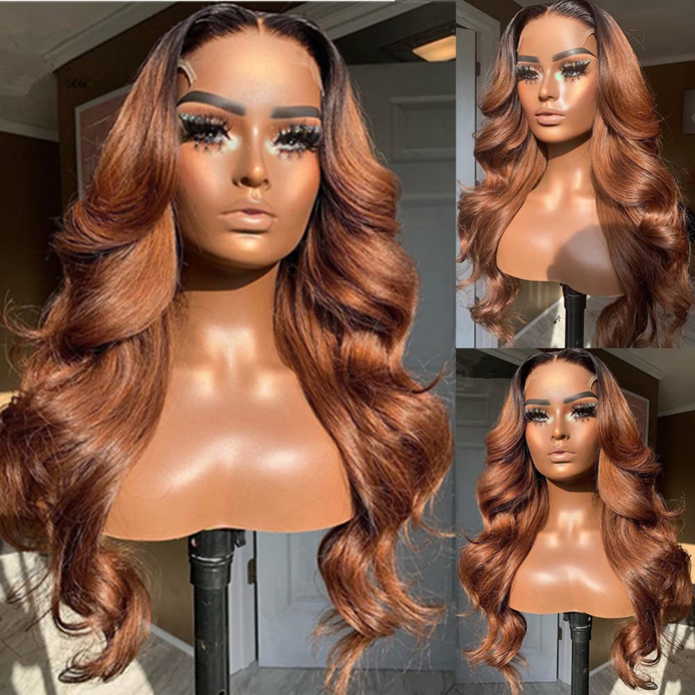 Ombre Brown #1bT30 Body Wave 5x5 Silk Top Brazilian Virgin Human Hair Wig with Dark Roots - 24 Inch 150% Density Silk Base Lace Closure Wig for Women | Perfect for Daily Wear, Parties & Special Occasions